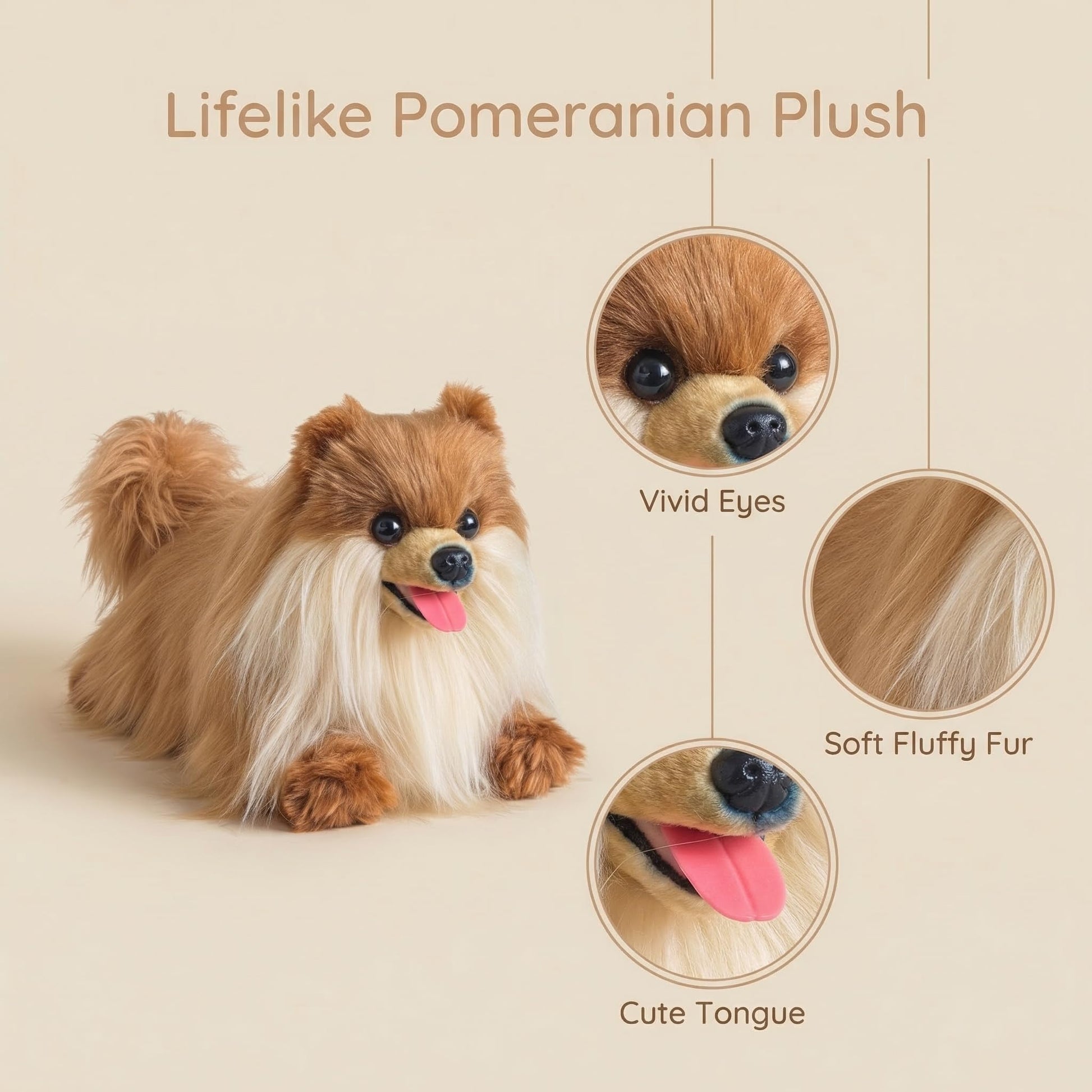 YOCAKE Lifelike Pomeranian Stuffed Animal - 13.8" Realistic Plush Dog Toy with Grooming Kit & Gift Box, Soft Cuddly Puppy Companion for Kids and Dog