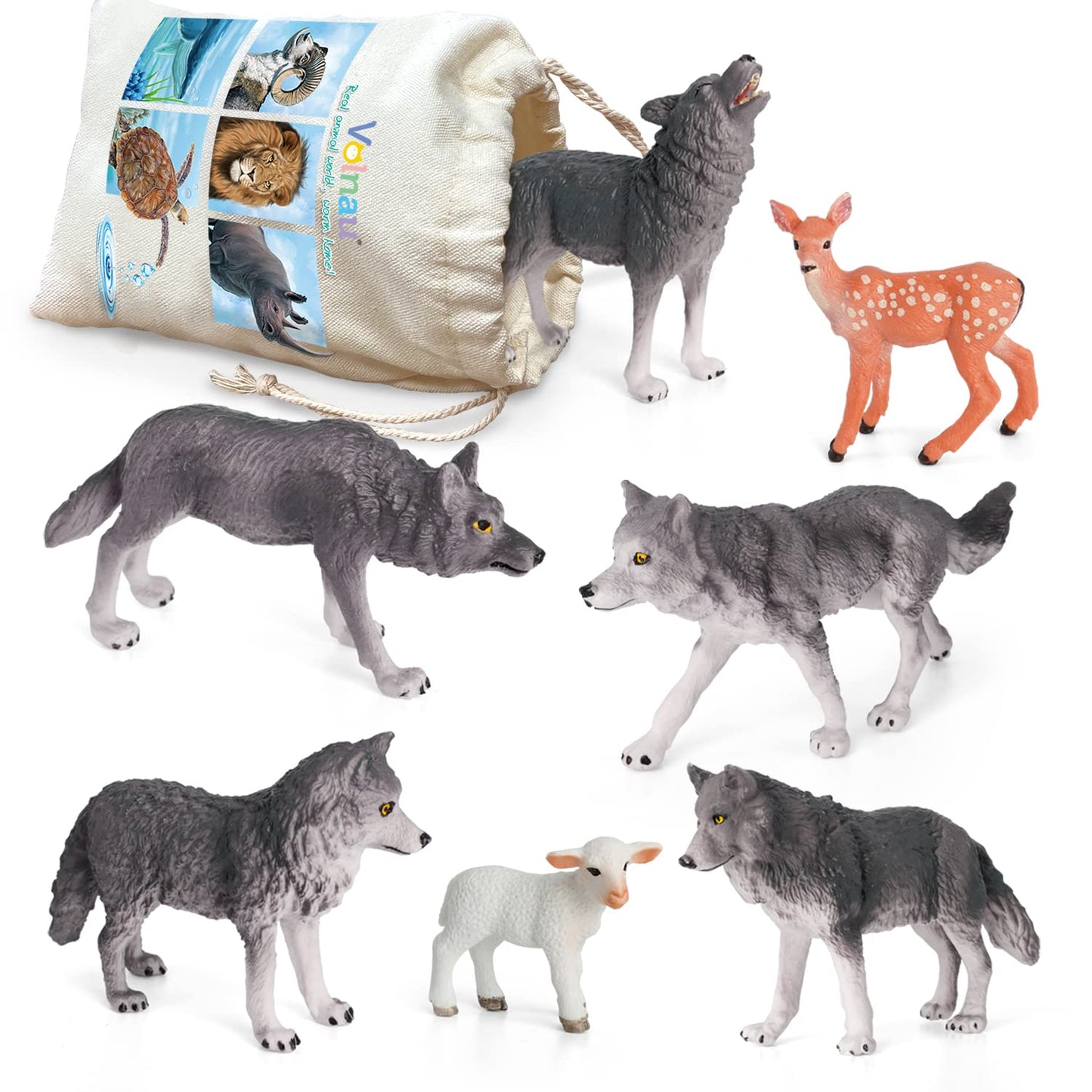 Volnau Wolf Toys Animal Figures 7PCS Figurines Zoo Pack for Toddlers Kids Christmas Decoration Gift Preschool Educational Sheep Jungle Forest Safari