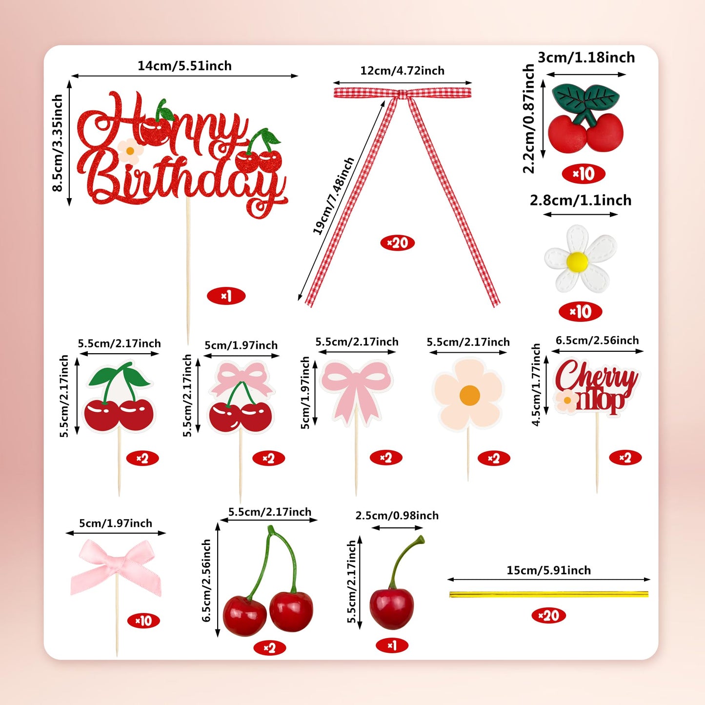 65PCS Cherry Bow Cake Decorations Set Happy Birthday Cherry Cake Topper and Cupcake Bows Decorations for Baby Shower Bridal Shower Graduation Party