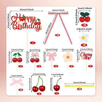 65PCS Cherry Bow Cake Decorations Set Happy Birthday Cherry Cake Topper and Cupcake Bows Decorations for Baby Shower Bridal Shower Graduation Party