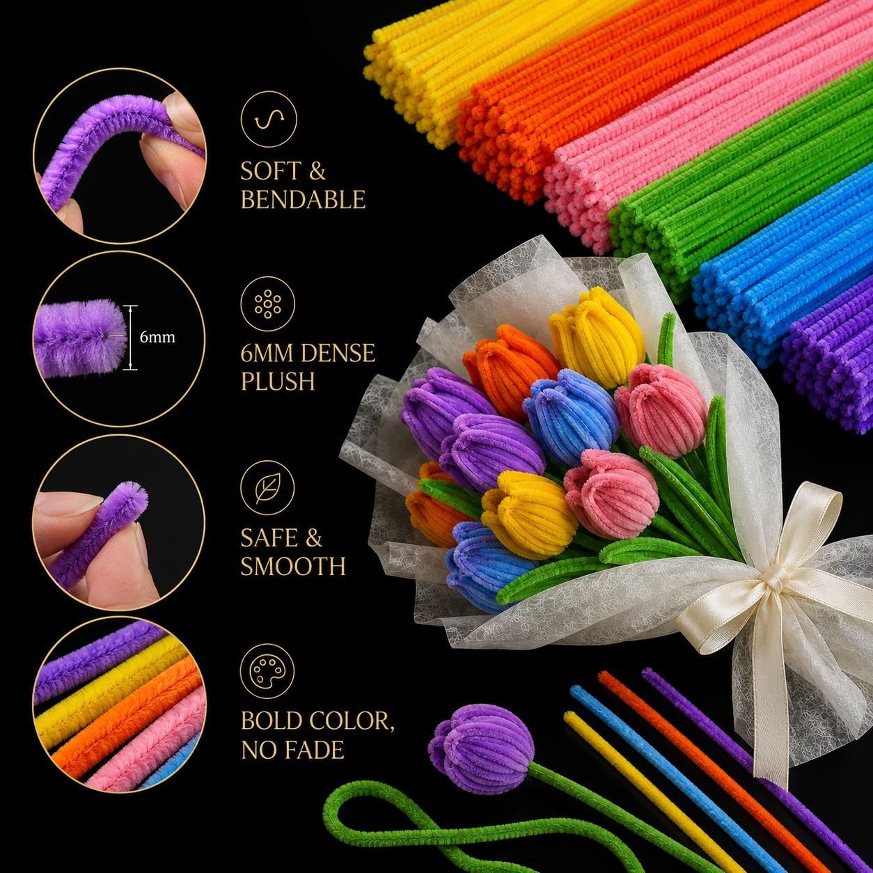 Pipe Cleaners Flowers Kit, DIY Tulip Bouquet Craft Kit with 350 Chenille Stems, 6 Colors Pipe Cleaners for Crafts, Flower Stems, Green Tape