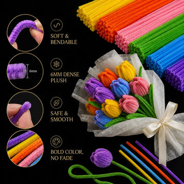 Pipe Cleaners Flowers Kit, DIY Tulip Bouquet Craft Kit with 350 Chenille Stems, 6 Colors Pipe Cleaners for Crafts, Flower Stems, Green Tape