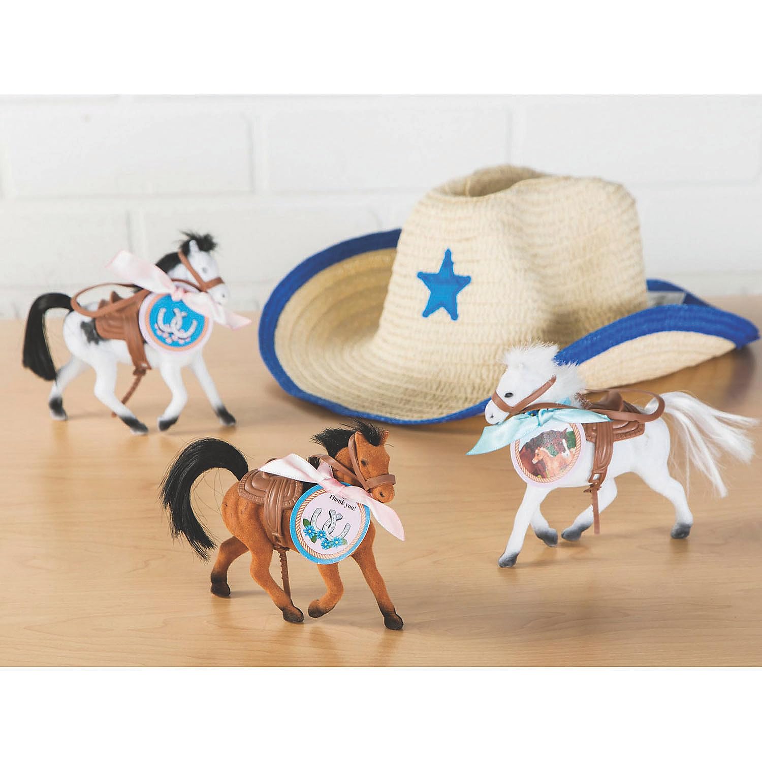 Fun Express Flocked Toy Horse Figures with Saddles Set - Realistic Miniature Horses for Kids Playtime Party Favors and Collectibles - Perfect