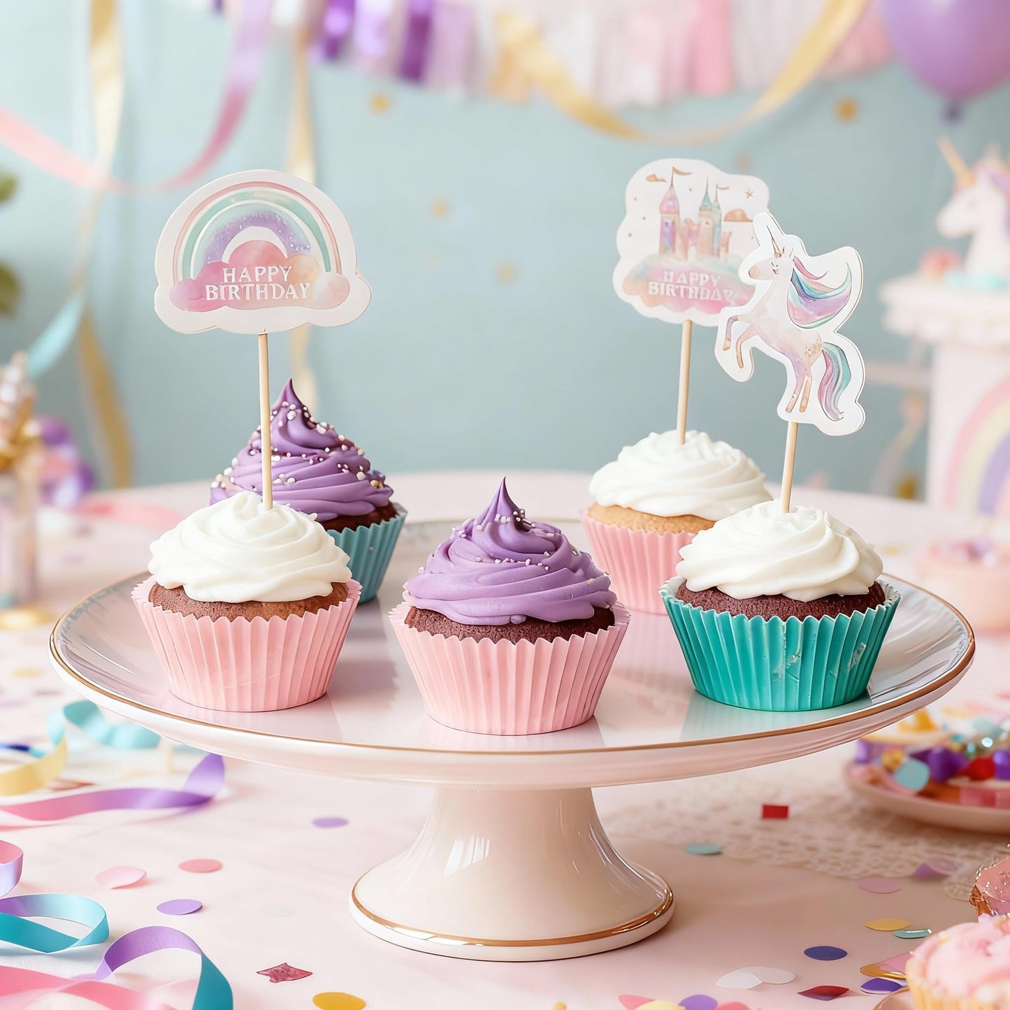 Modern Whimsy Unicorn Cupcake Toppers | Set of 24 | Rainbow Unicorn Birthday Decorations & Party Supplies - Perfect Magical Cupcake Decorations & Cake