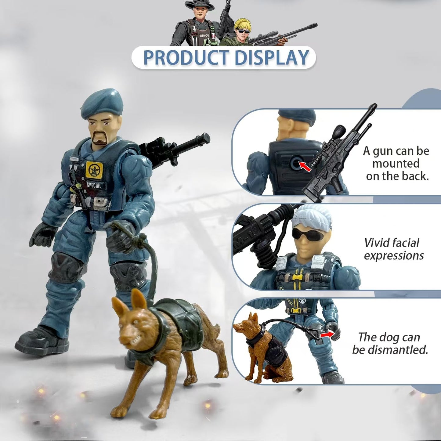 Army Men Action Figures, Toy Soldiers for Boys 6-8, Boys Toy Plastic Army Men Toys with 2 Dogs and 6 Weapons Toys for Boy Military Collectors