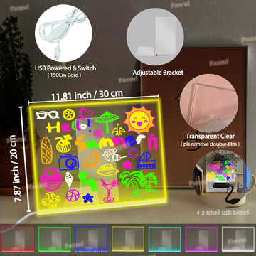 Fanrui LED Dry Erase Board with Light - 11.8 x 7.9 Inch Dimmable Memo Board, 7 Color Changing Night Light, Remote & Timer, USB Powered Clear Acrylic