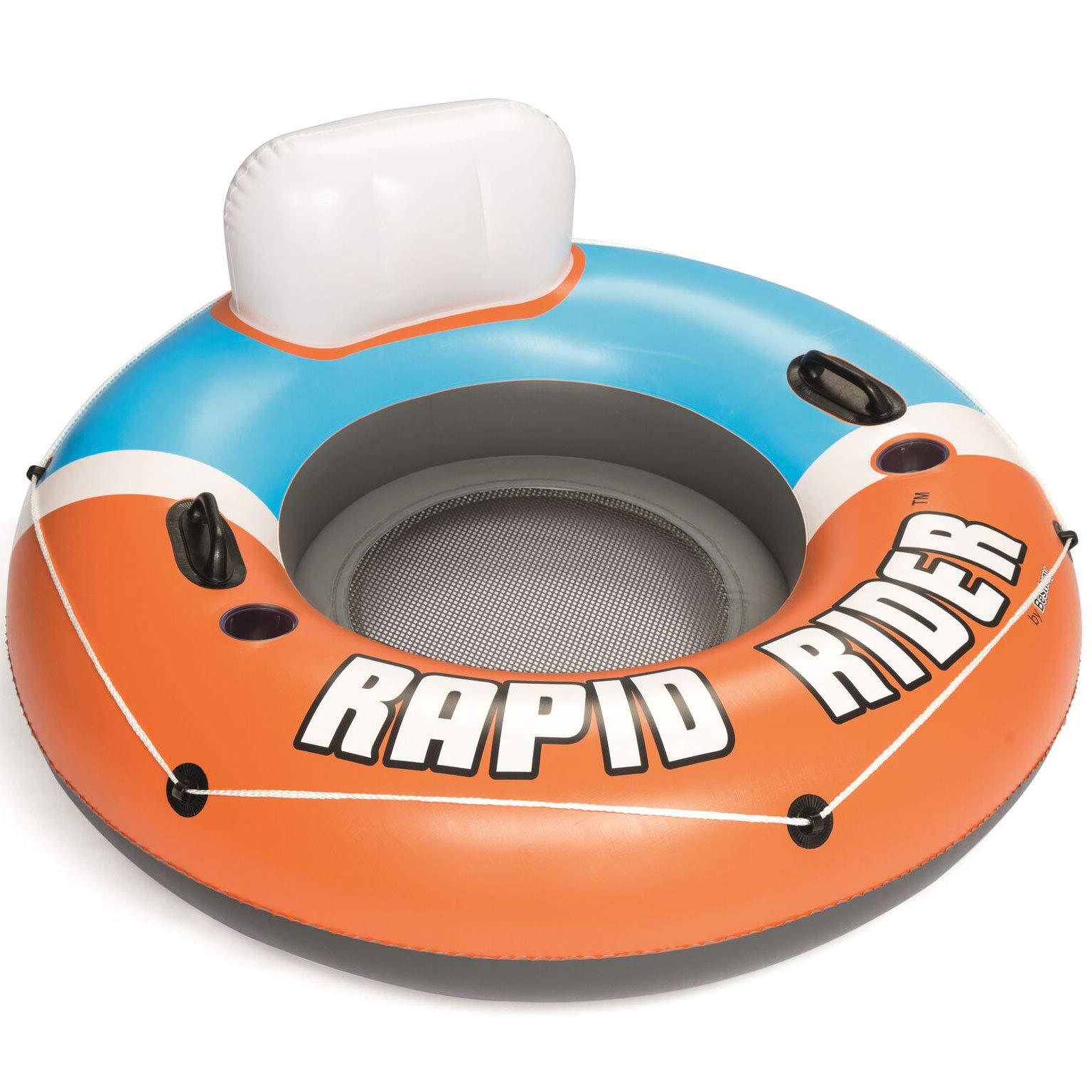 Bestway CoolerZ Rapid Rider Inflatable Blow Up Pool Chair Round Inner Tube with Cupholders, Handles, and All-Around Grab Rope, Orange (4 Pack)