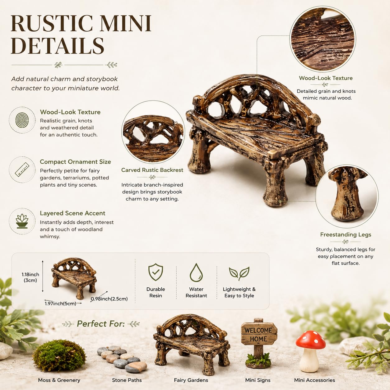 Tiosen Miniature Resin Garden Bench, Fairy Village Dollhouse Accessory, Fairy Garden Furniture Ornaments