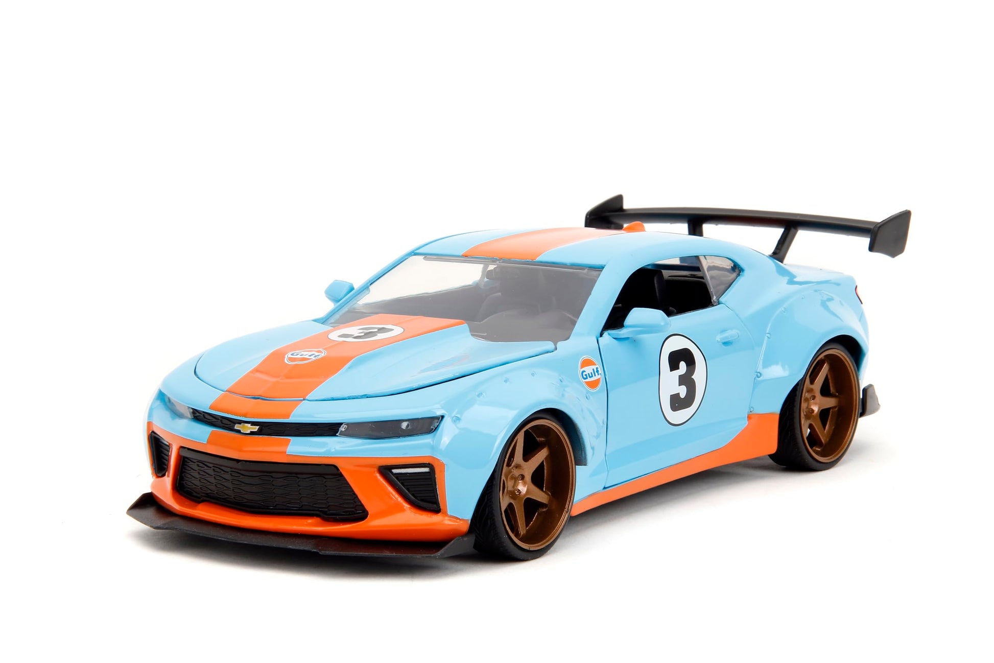 Jada Toys Big Time Muscle 1:24 2016 Chevy Camaro SS Widebody Gulf Die-Cast Car, Toys for Kids and Adults(Blue/Orange)