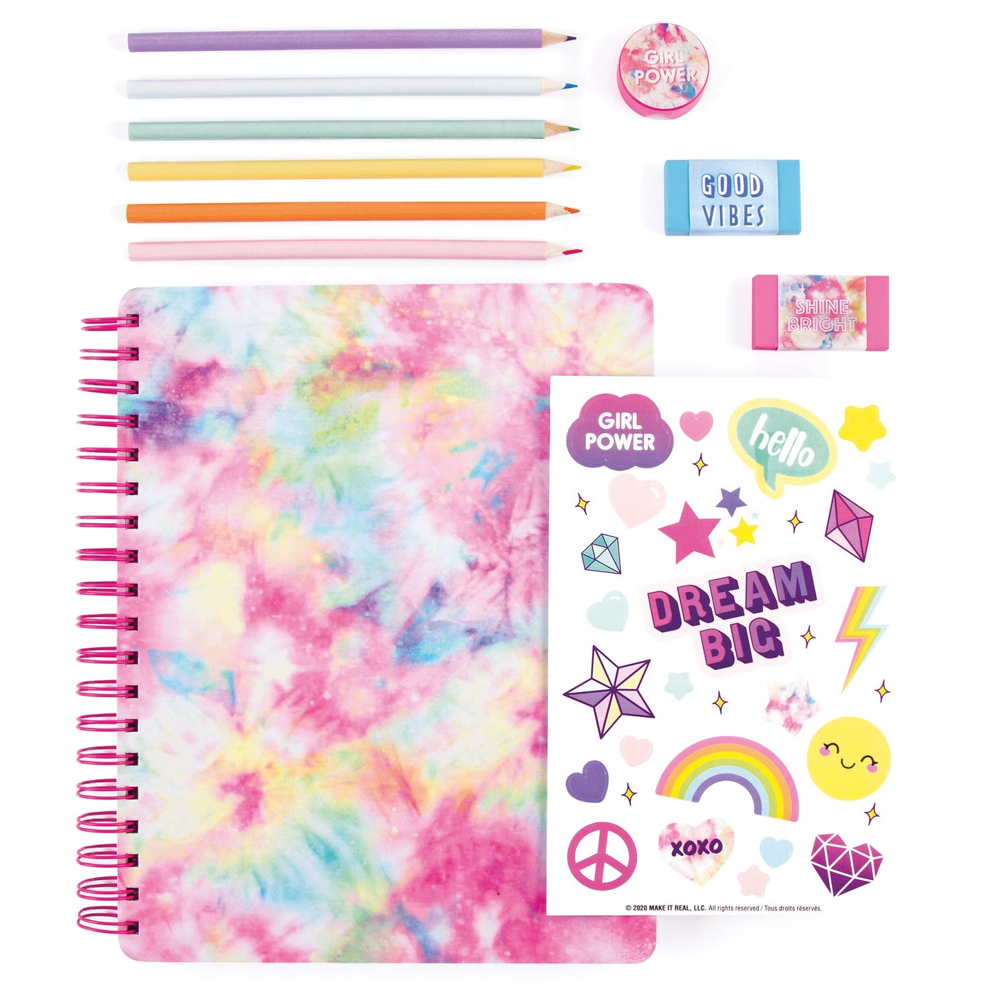 3C4G Tie Dye Pastel All-in-1 Sketchbook Set - Sketch Book for Kids with Pencils, Stickers & More - Drawing Kit for Kids - Unlined Diary for Girls