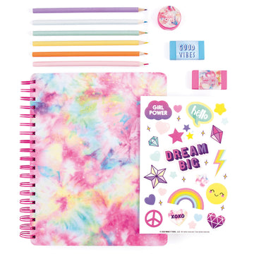 3C4G Tie Dye Pastel All-in-1 Sketchbook Set - Sketch Book for Kids with Pencils, Stickers & More - Drawing Kit for Kids - Unlined Diary for Girls