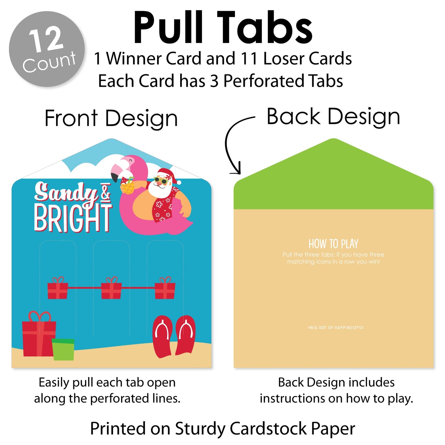 Big Dot of Happiness Tropical Christmas - Beach Santa Holiday Party Game Pickle Cards - Pull Tabs 3-in-a-Row - Set of 12