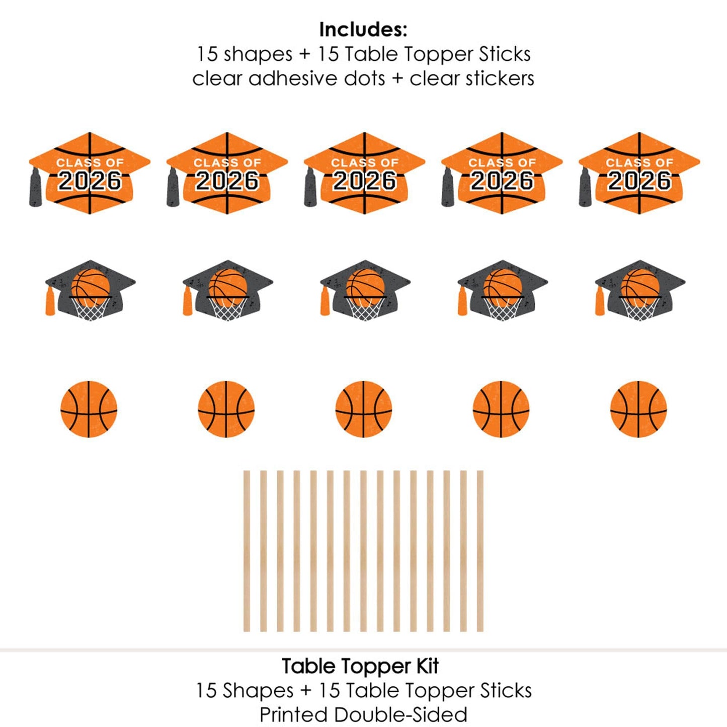 Big Dot of Happiness Grad Basketball - 2026 Graduation Party Centerpiece Sticks - Table Toppers - Set of 15