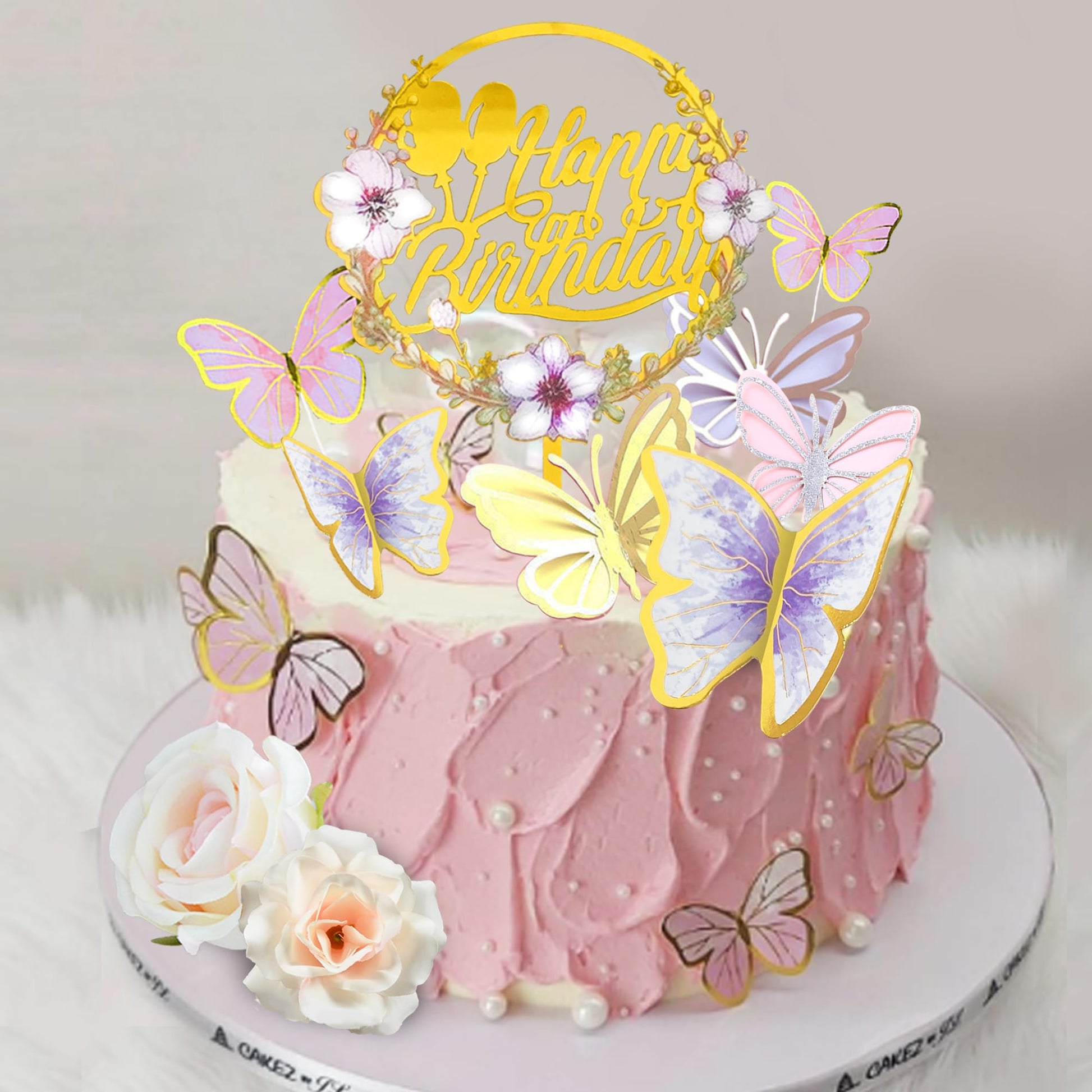 35PCS Butterfly Cake Topper Decorations with Artificial Flowers for Anniversary Butterfly Birthday Supplies (Pink Gold)