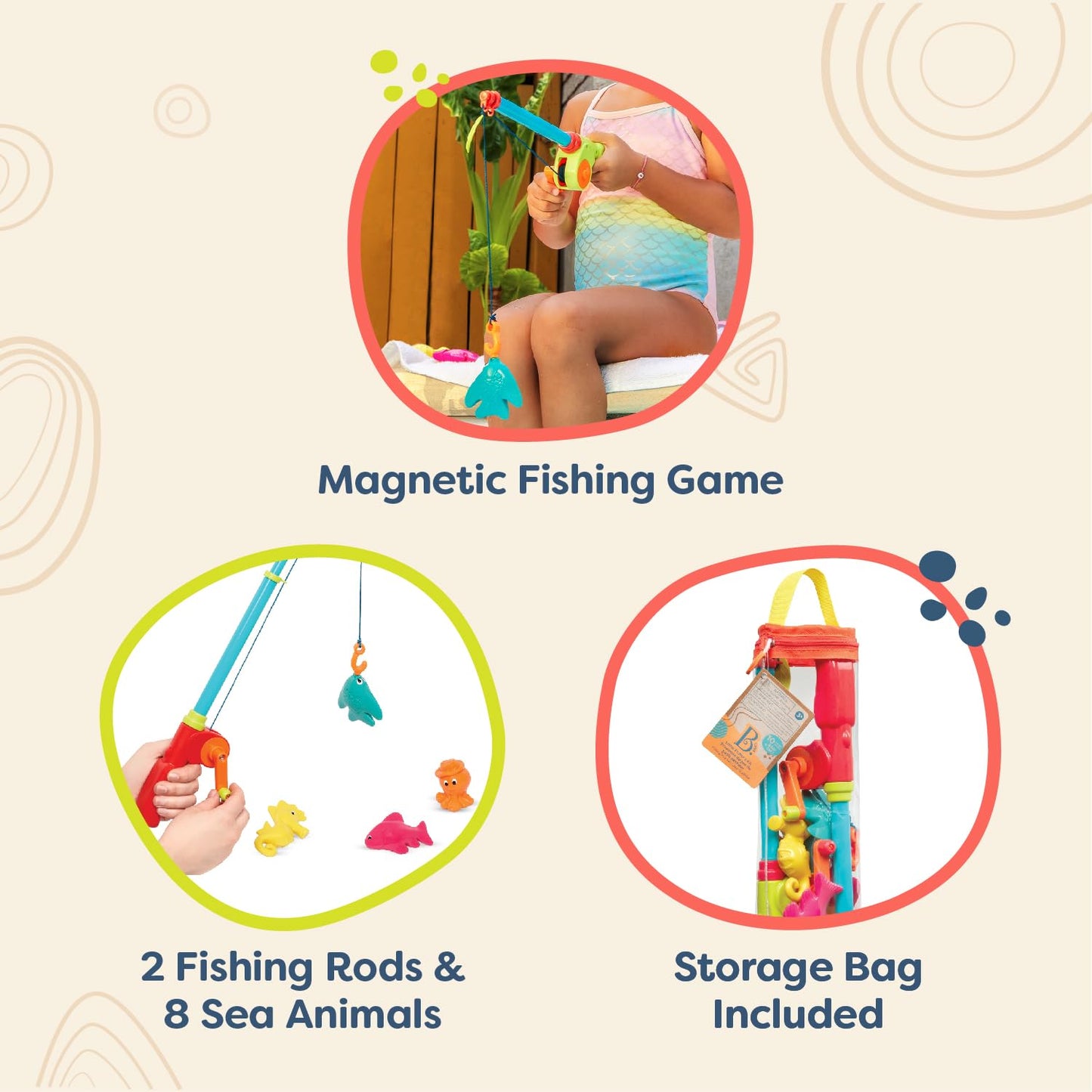 B. toys - Little Fisher's Kit - Magnetic Fishing Adventure Set with Dual Rods, Eight Colorful Aquatic Figures - Ideal Bath Time, Pool Activity