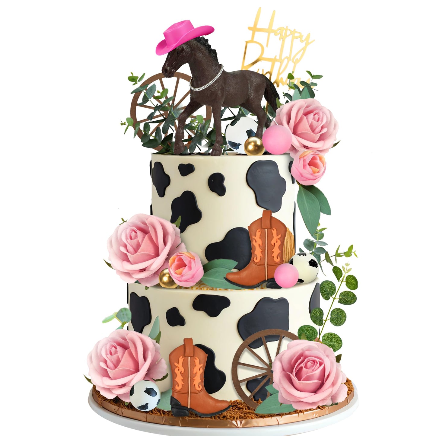Cowgirl Cake Topper Pink Ball Horse Boho Flower Grass Artificial Eucalyptus Cake Decorations for Western Theme Cowgirl Birthday Pink Flower Horse