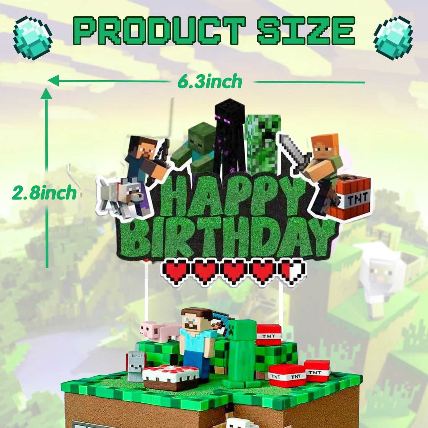 Pixel Craft Gamer Birthday Cake Topper, Glitter Pixel Miner Style Happy Birthday Cake Toppers, Video Game Themed Cake Decorations for Boys & Girls