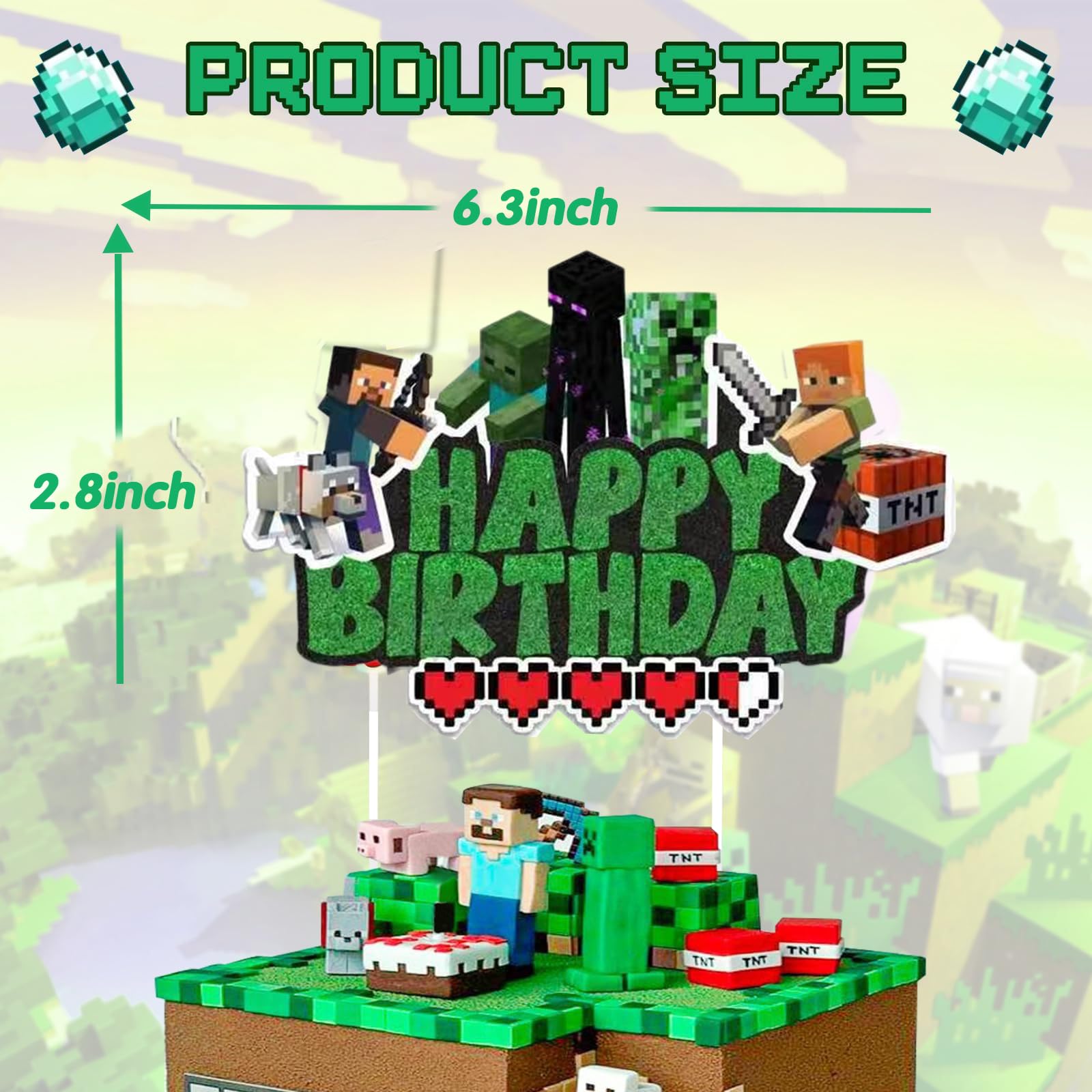 Pixel Craft Gamer Birthday Cake Topper, Glitter Pixel Miner Style Happy Birthday Cake Toppers, Video Game Themed Cake Decorations for Boys & Girls