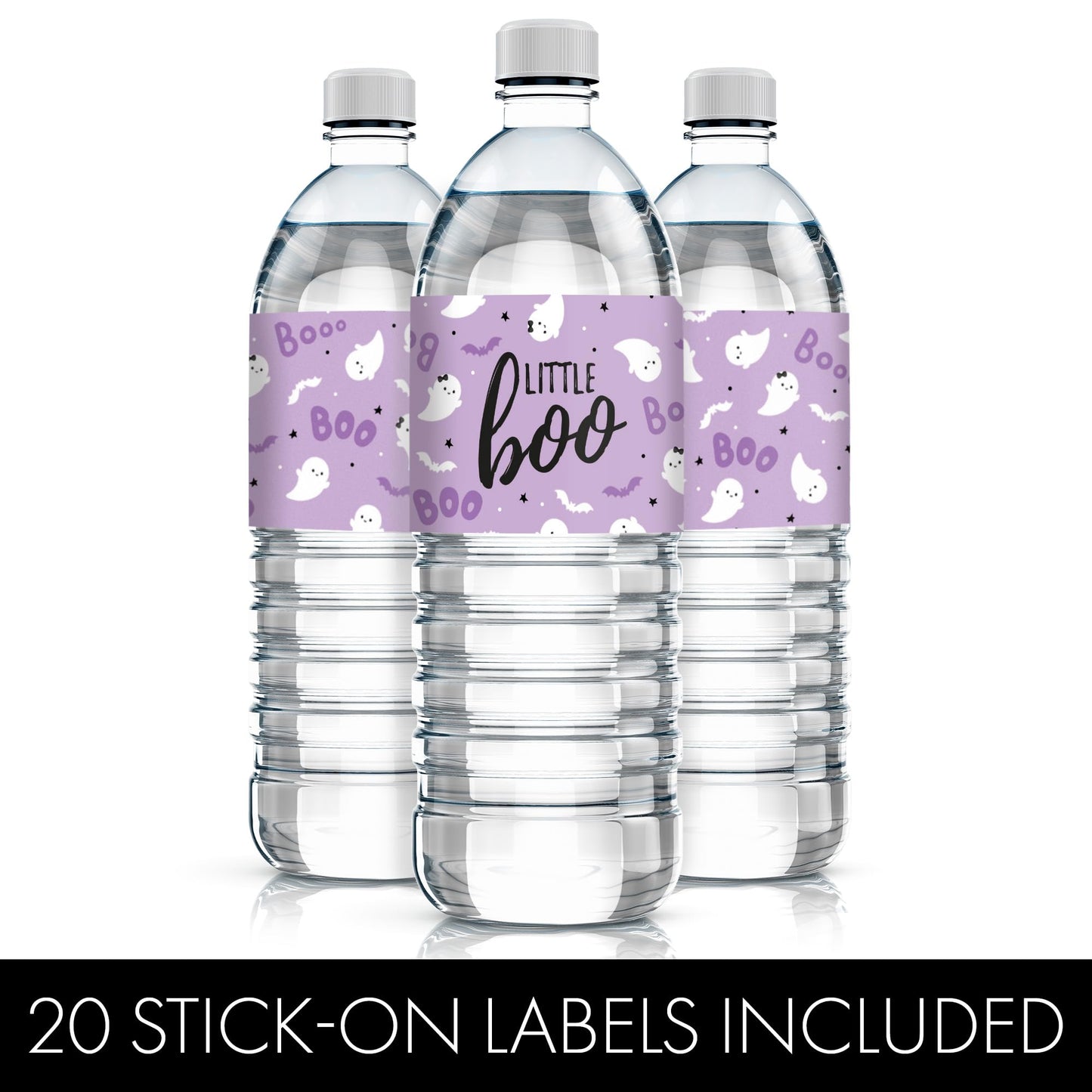 Purple Little Boo Ghost Girl Baby Shower Water Bottle Labels, 20 Count
