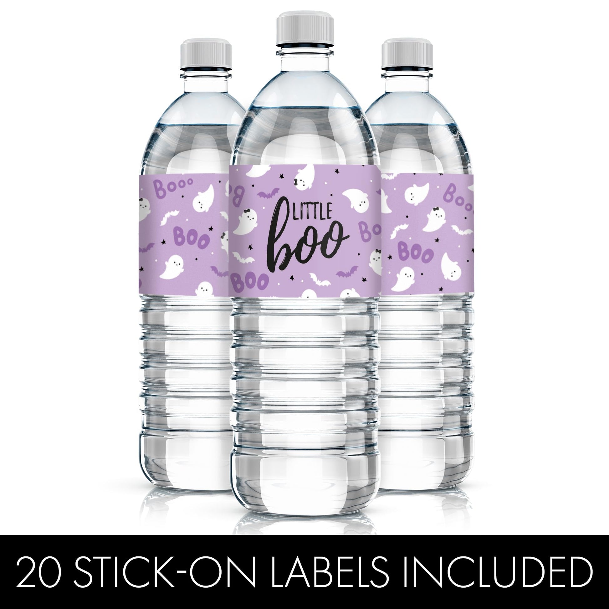 Purple Little Boo Ghost Girl Baby Shower Water Bottle Labels, 20 Count