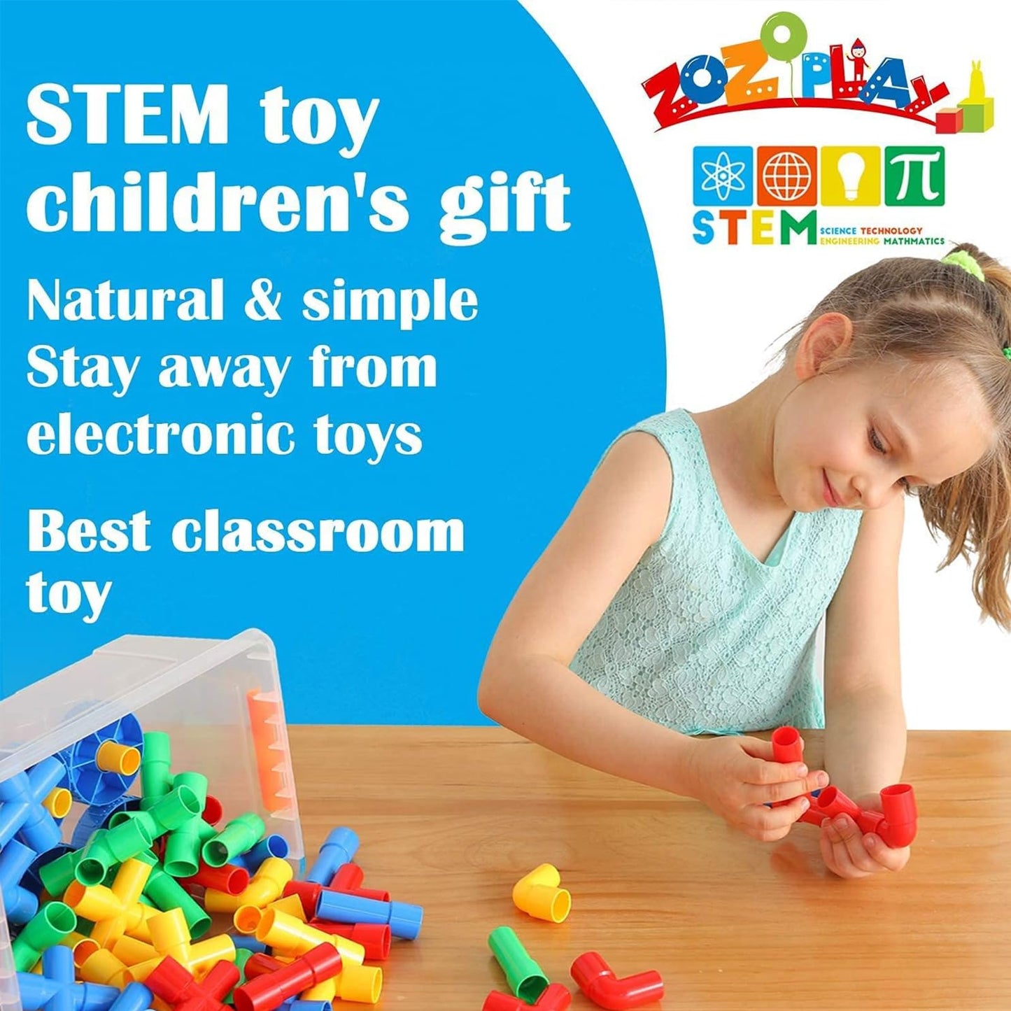ZOZOPLAY STEM Learning Toy Tubular Pipes & Spouts & Joints 64 Piece Build Bicycle, Tank, Scootie, Moter Skills Endless Designs Educational Building
