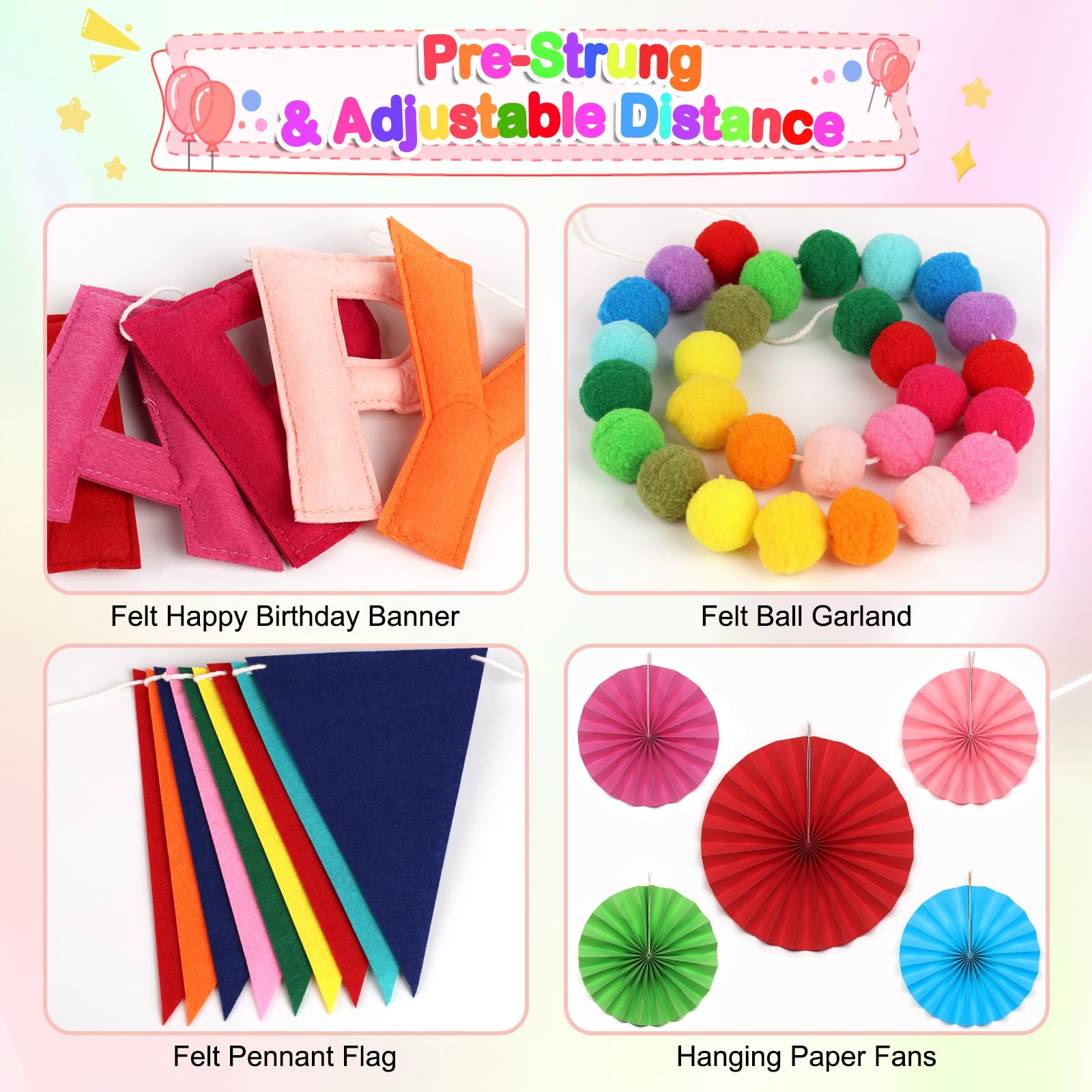 Danadia Rainbow 3D Happy Birthday Banner, Pre-Strung Felt Party Decorations