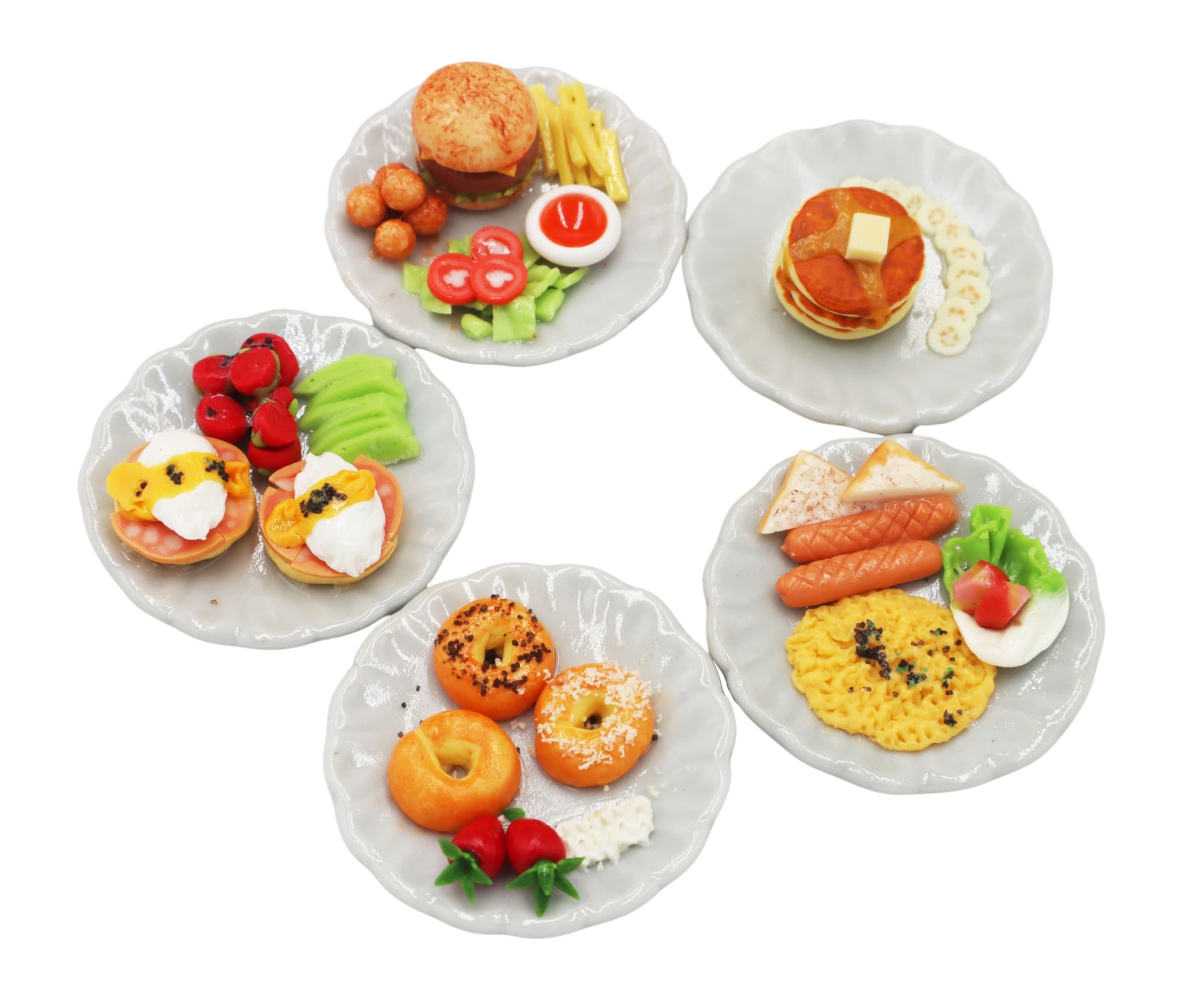 5 Pieces Burger, Egg Benedict,Omelet,Bagels and Pancake Dollhouse Miniatures Food Breakfast Miniatures Food Set On Ceramic Plate for Home Kitchen