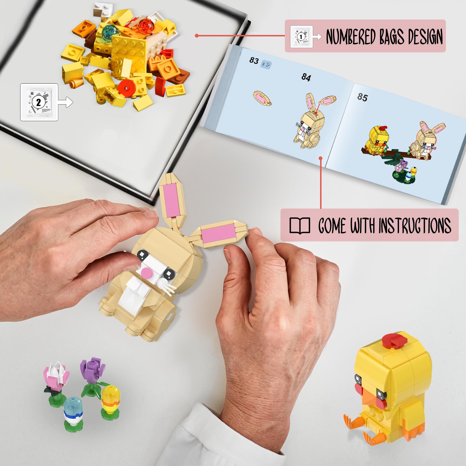Nubee Easter Bunny and Chick Building Set, Cute Animal Rabbit Chicken Sitting on The See-Saw, Perfect for Easter Basket Toys Gifts for Kids Boys or