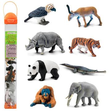 Safari Ltd. Asian Animals TOOB - Set of 8 Mini Figurines - Asian Elephant, Indian Rhino, Orangutan, Panda Bear, Tiger, Antelope, Philippine Eagle,
