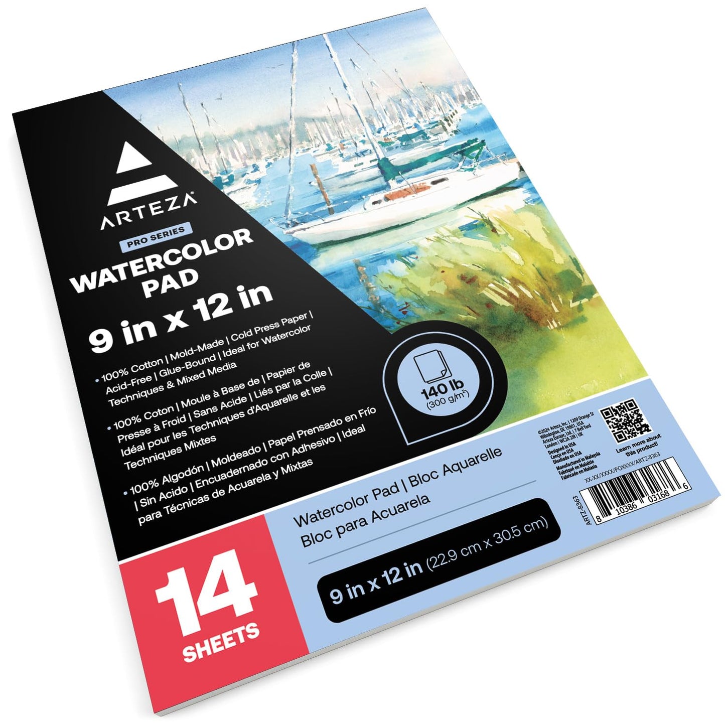 ARTEZA Watercolor Paper, 14 Sheets, 9x12 Inches Water Color Paper, 140lb/300gsm, 100% Cotton, Cold Press, Acid Free Art Paper