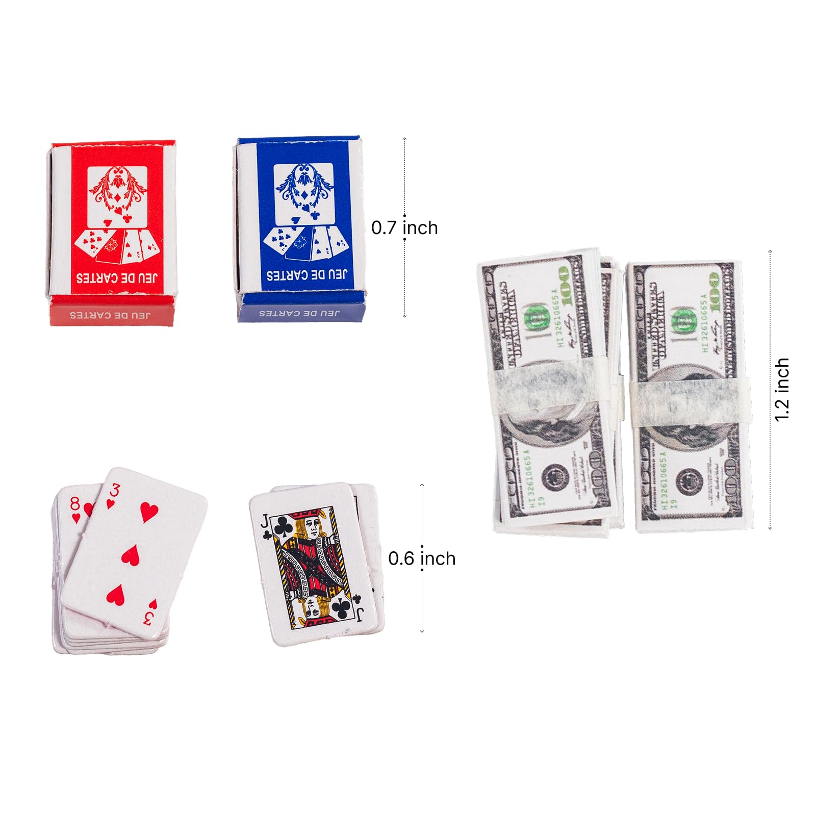 SAMCAMI Miniature Dollhouse Accessories, 600 Pcs Mini Dollars Fake Money and Mini Playing Cards, Mini Prop Money Realistic, Mini Stuff