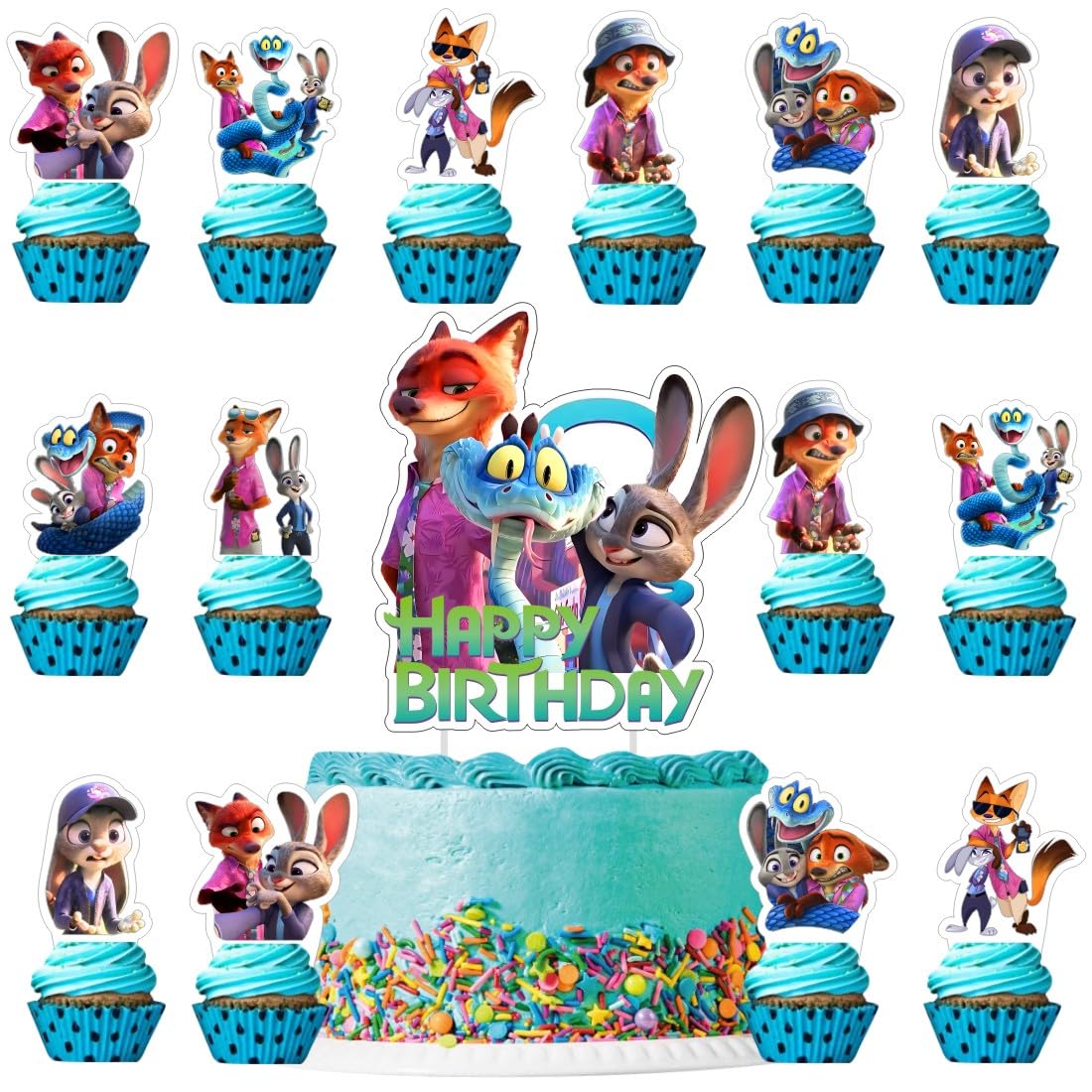 25Pcs Zootopia Cake Decorations with 24pcs Cupcake Toppers, 1pcs Big Cake Topper for Zootopia Birthday Party Supplies