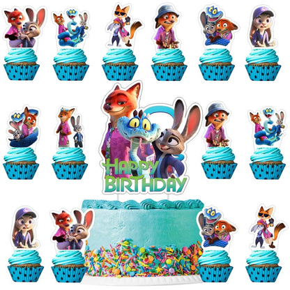 25Pcs Zootopia Cake Decorations with 24pcs Cupcake Toppers, 1pcs Big Cake Topper for Zootopia Birthday Party Supplies