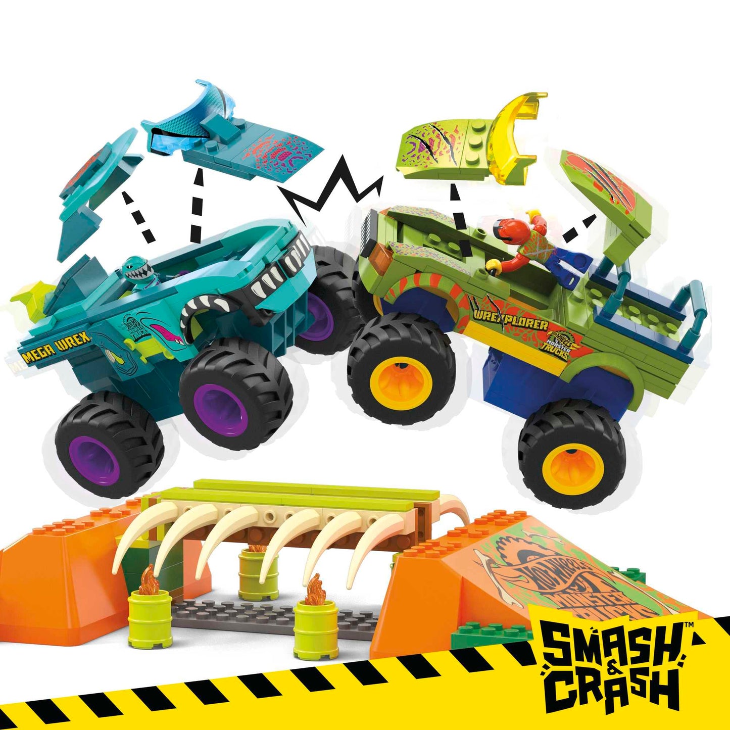 MEGA Hot Wheels Monster Trucks Building Toy, Smash & Crash Mega-Wrex Boneyard Stunt Course with 332 Pieces, 2 Figures and 2 Ramps, Kids Age 5+ Years