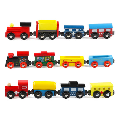 Joqutoys 12 PCS Wooden Train Cars, Train Toys Magnetic Set Includes 3 Engines and Storage Bag, Toy Train Sets for Kids Toddler Boys and Girls