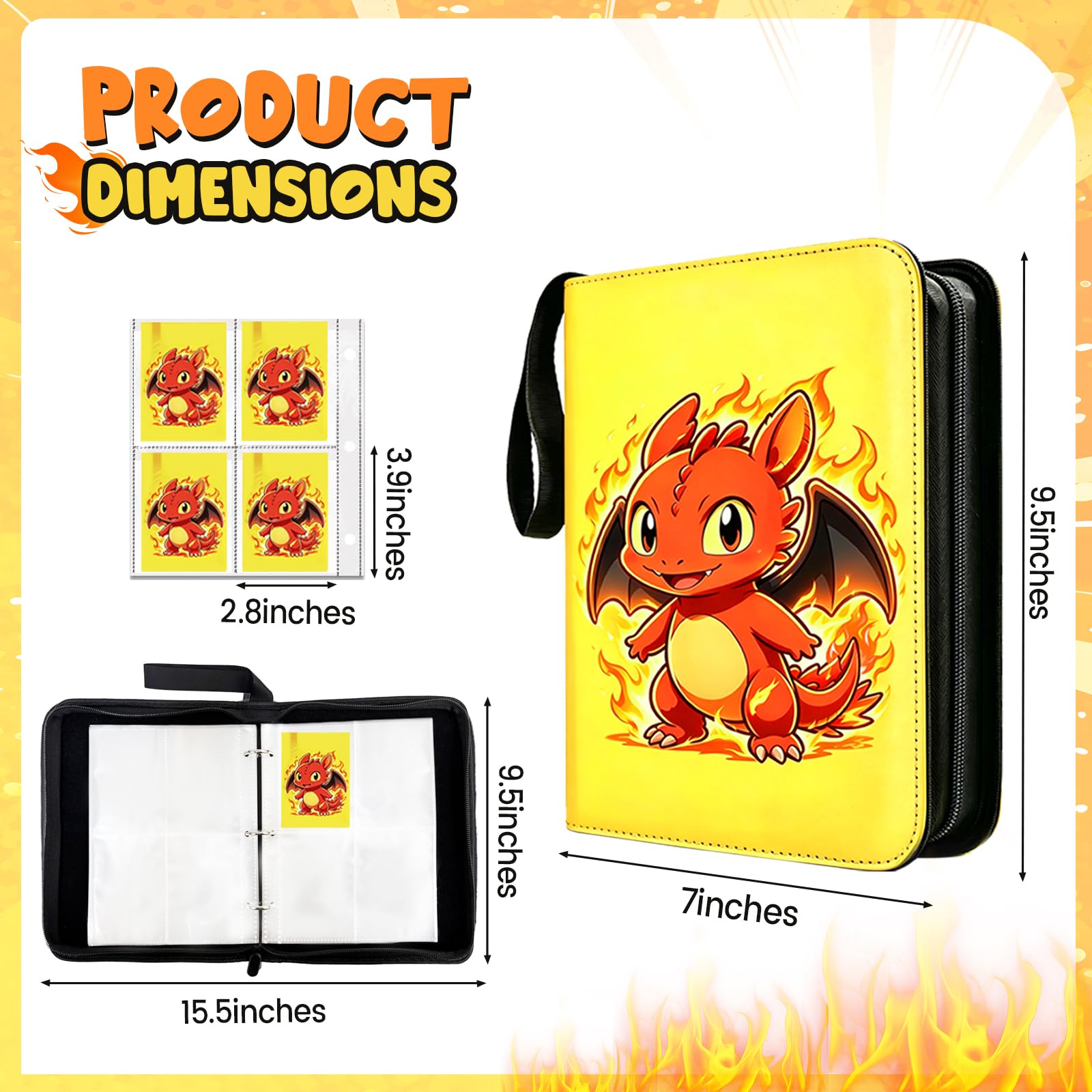 400 Cards Capacity Trading Card Binder, Card Holder with 50 Removable Sleeves, Double Sided 8-Pocket Pages Zipper Album with Wrist Strap for TCG