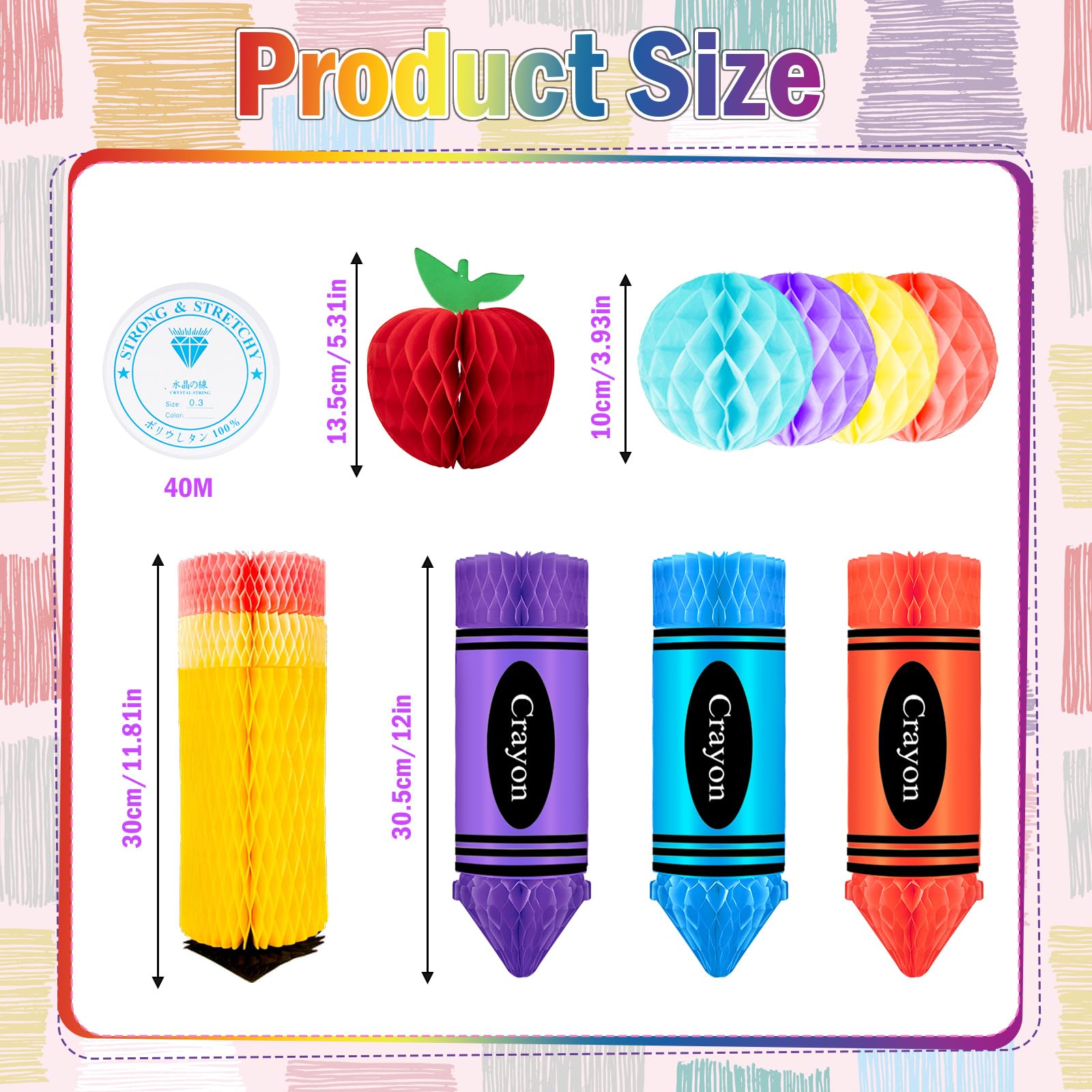 13 Pcs Crayon Apple-Shaped Hanging Honeycomb Balls Honeycomb Pencil Paper Ball Decorations Welcome Back to School Classroom Decorations First Day