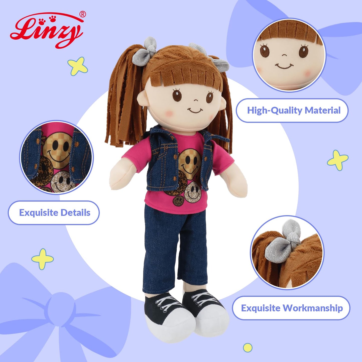 Linzy 15" Little Sweet Hearts Riley Doll for Girls, Soft Plush Rag Doll with Brown Pigtails, Denim Vest & Pink Smile Shirt, Stuffed Play Doll