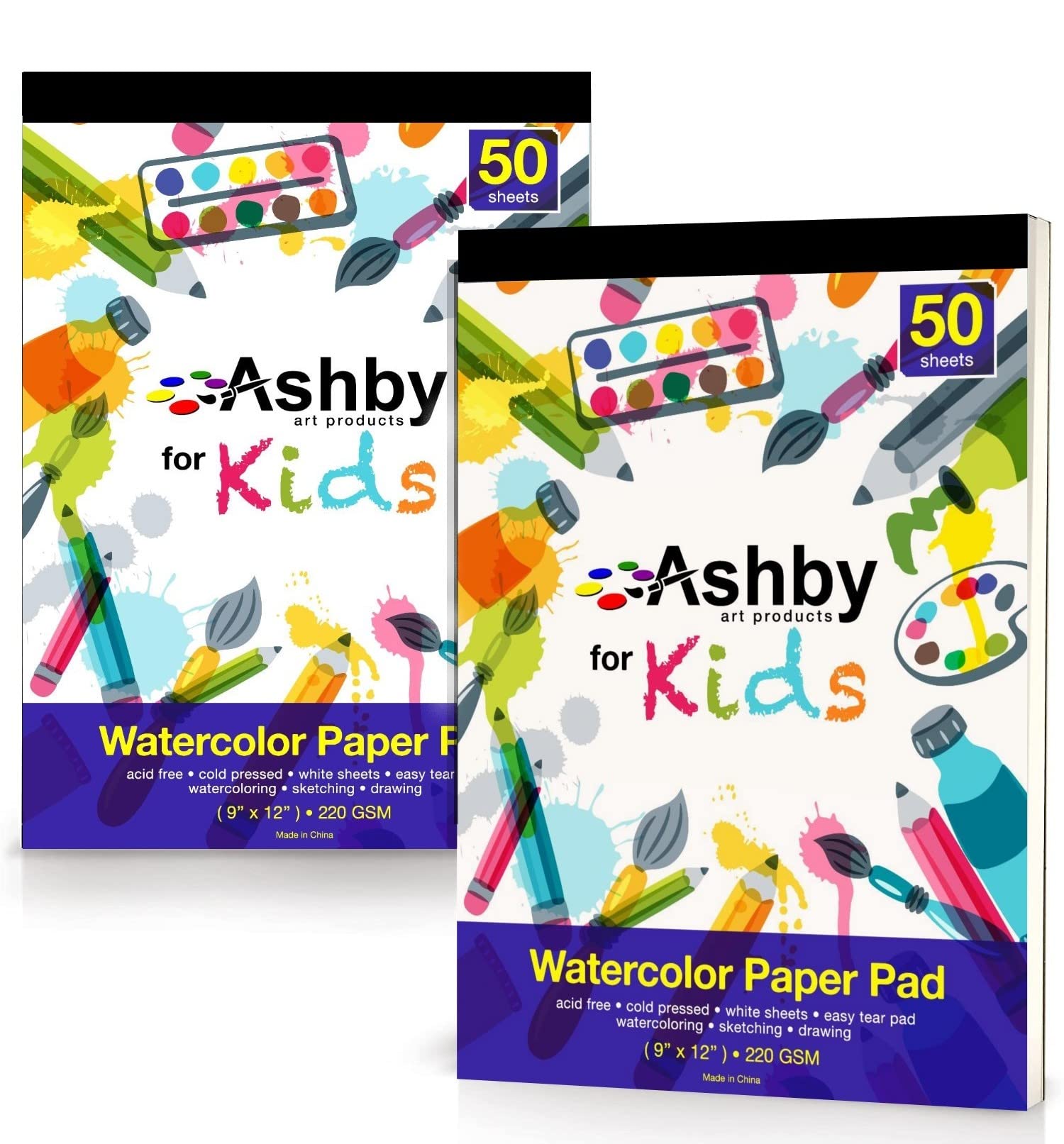 100 Sheets - Watercolor Paper Pads (9"x12") - Premium Thick Pages (220 GSM) - Also Great for Drawing, Finger Painting & Sketching; Easy Tear Design