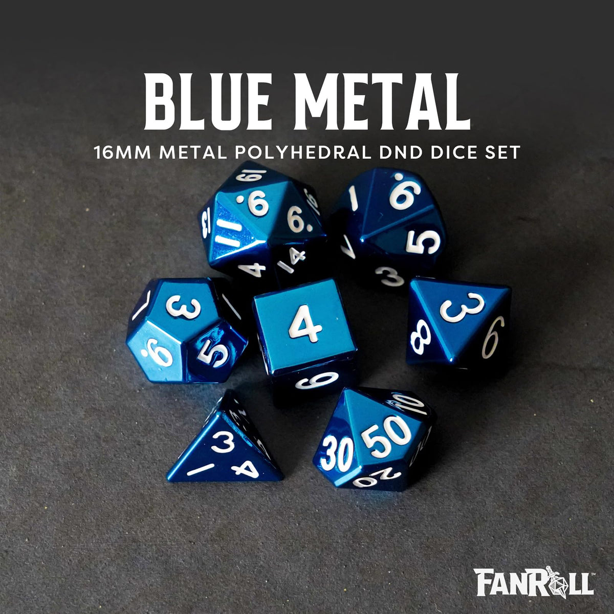 FanRoll 16mm Metal Polyhedral DND Dice Set: Blue, Role Playing Game Dice for Dungeons and Dragons
