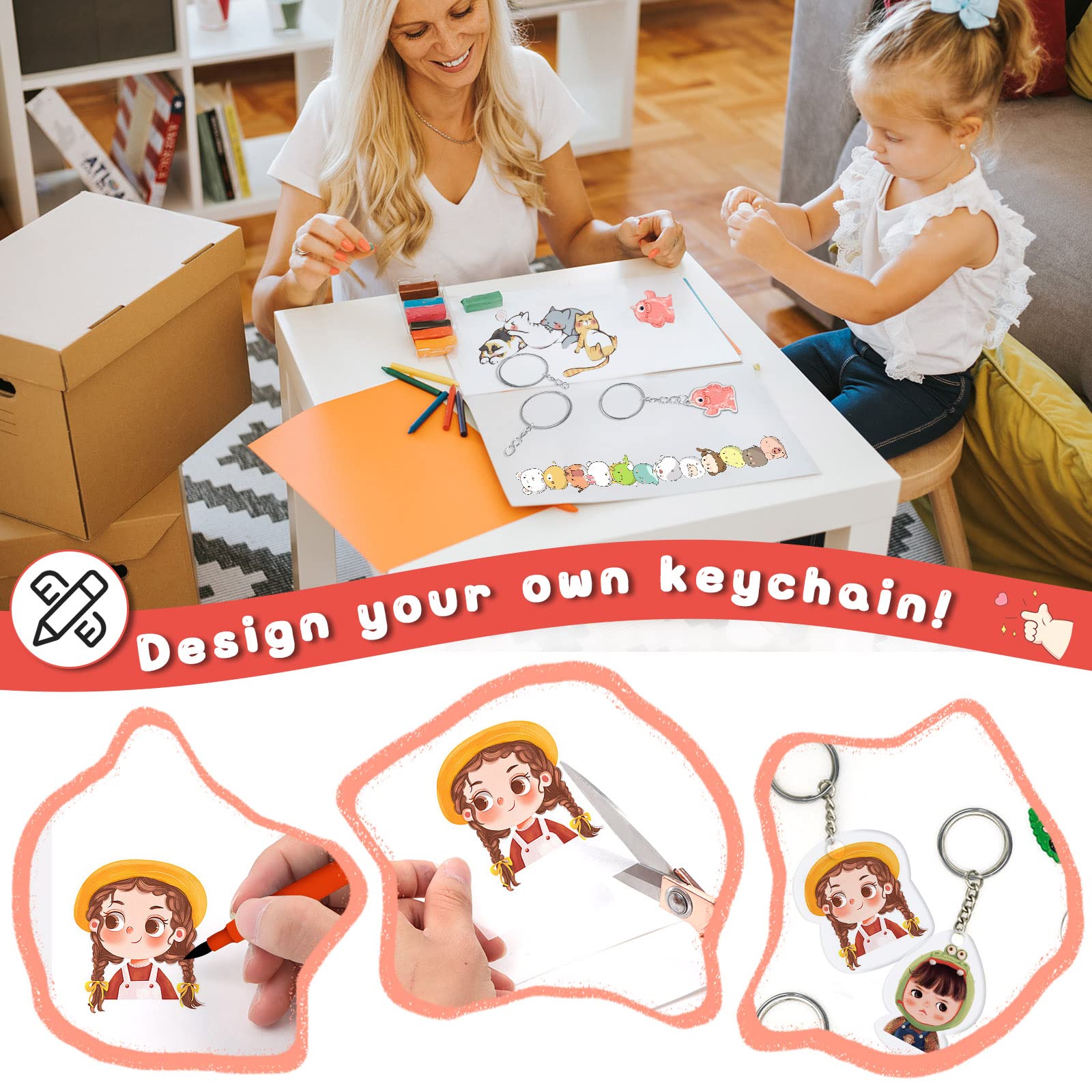 225PCS Shrinky Dink Sheets Keychains Kit,Shrink Plastic Sheets Kit with 25PCS Shrinky Dink Paper,100PCS Keychains and Open Iron Ring for Kids Creative