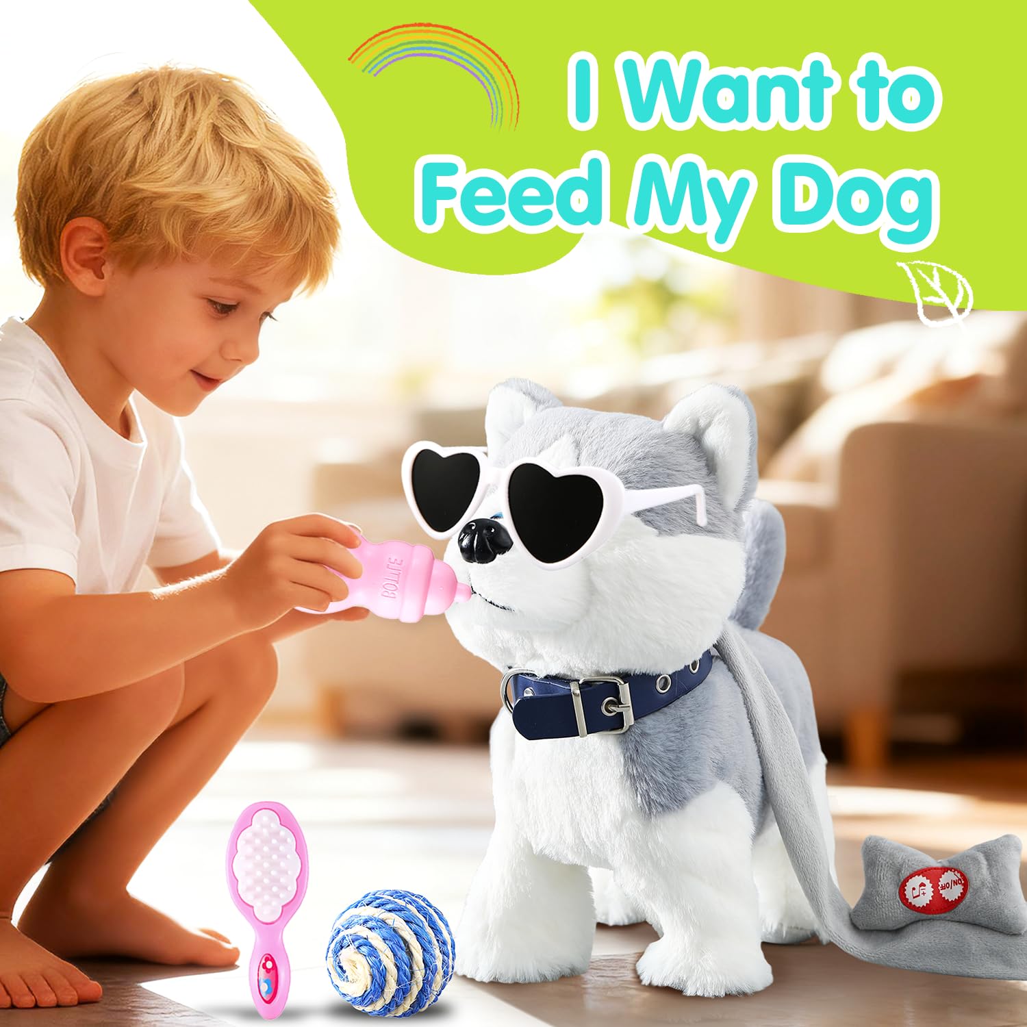 HCdoujoy Husky Walking Dog Barking Toy, Musical Singing Dancing Volume Control Interactive Puppy Walk Along with Leash, Wagging Tail Shaking Head