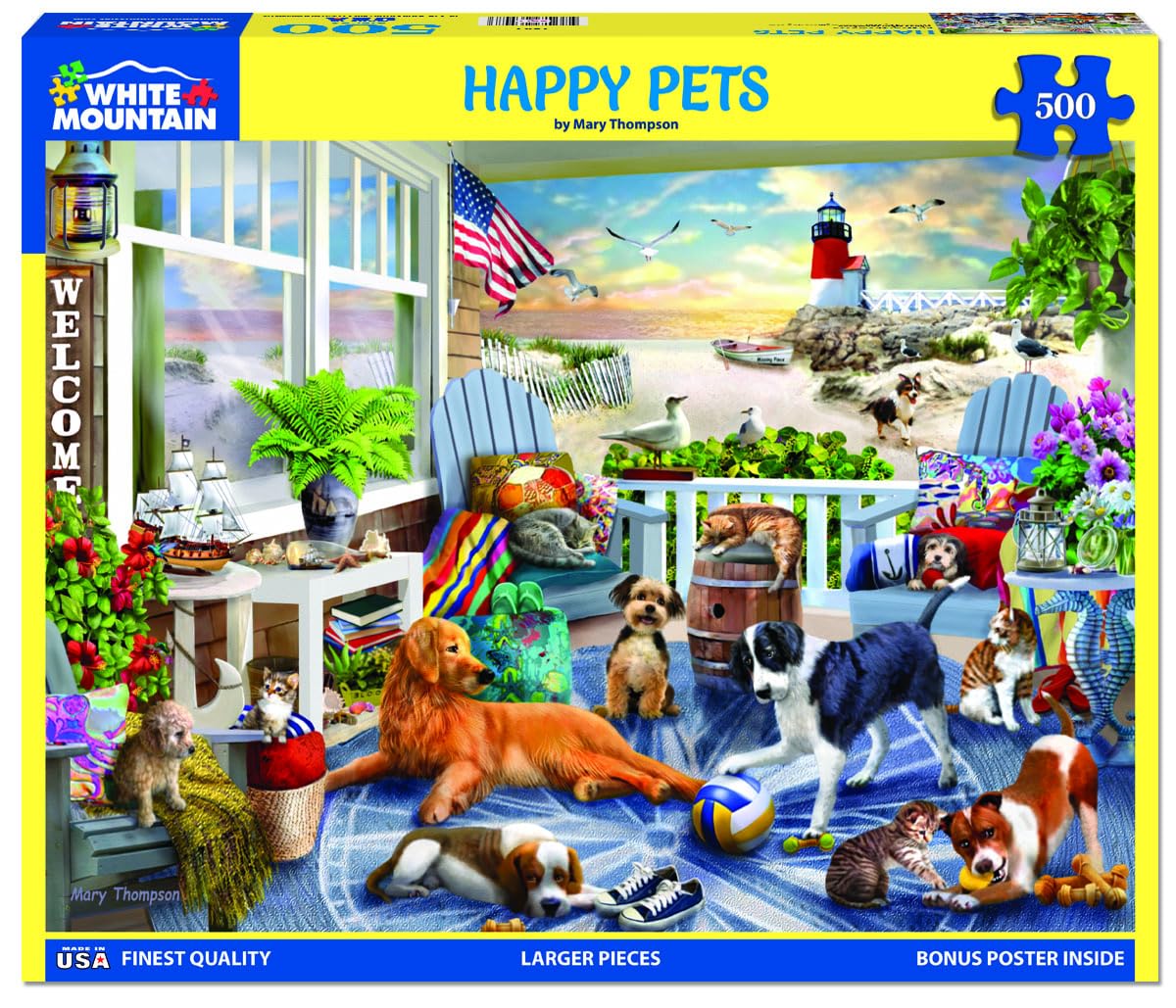 White Mountain 500 Piece Jigsaw Puzzle Spring Beach Dog Gift, Happy Pets