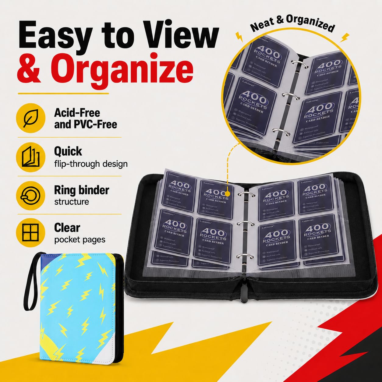 Trading Card Binder 4-Pocket with Zipper, 400 Pockets 3 Ring Card Holder Album with 50 Removable Pages, Acid-Free PVC-Free Pages, Portable Card