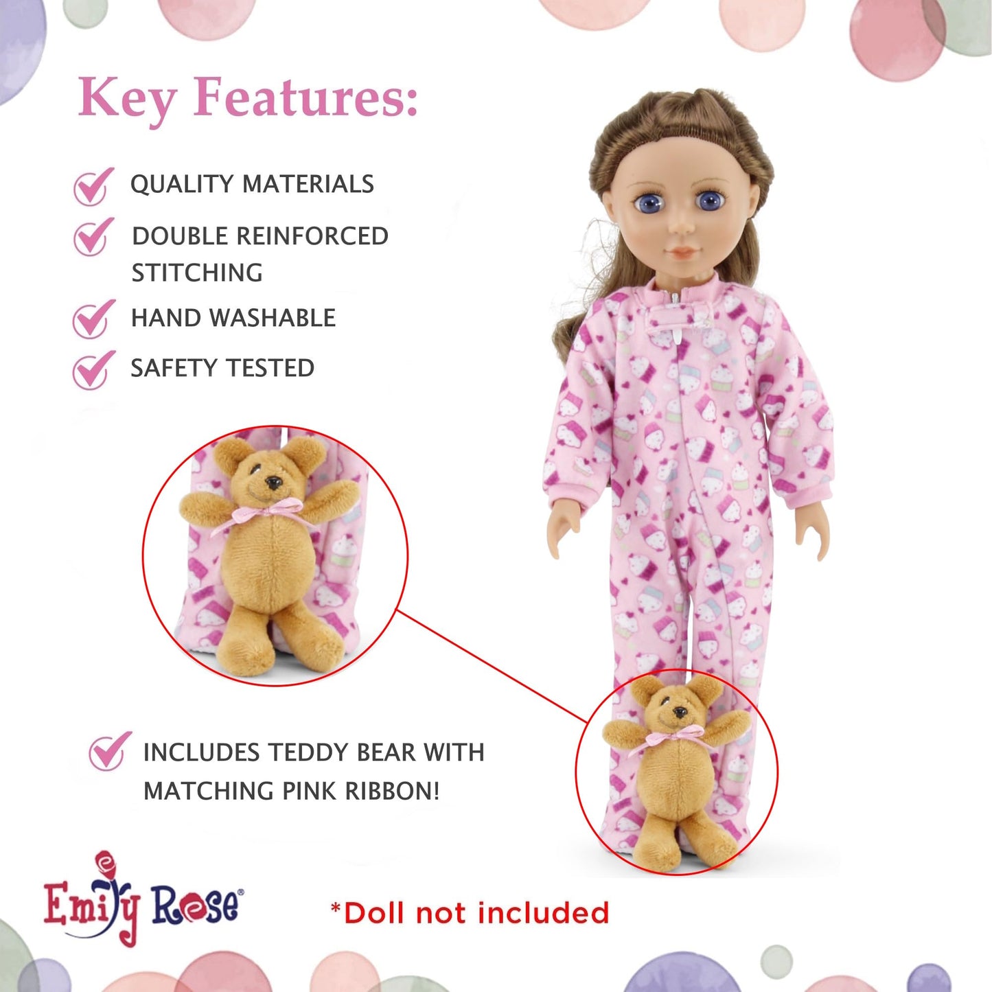 Emily Rose 14 Inch Doll Pink Cupcake Print Pajama Set Gift Boxed | USA Brand 2-Piece Sleeping Outfit with Teddy Bear Companion | Encourages Creative