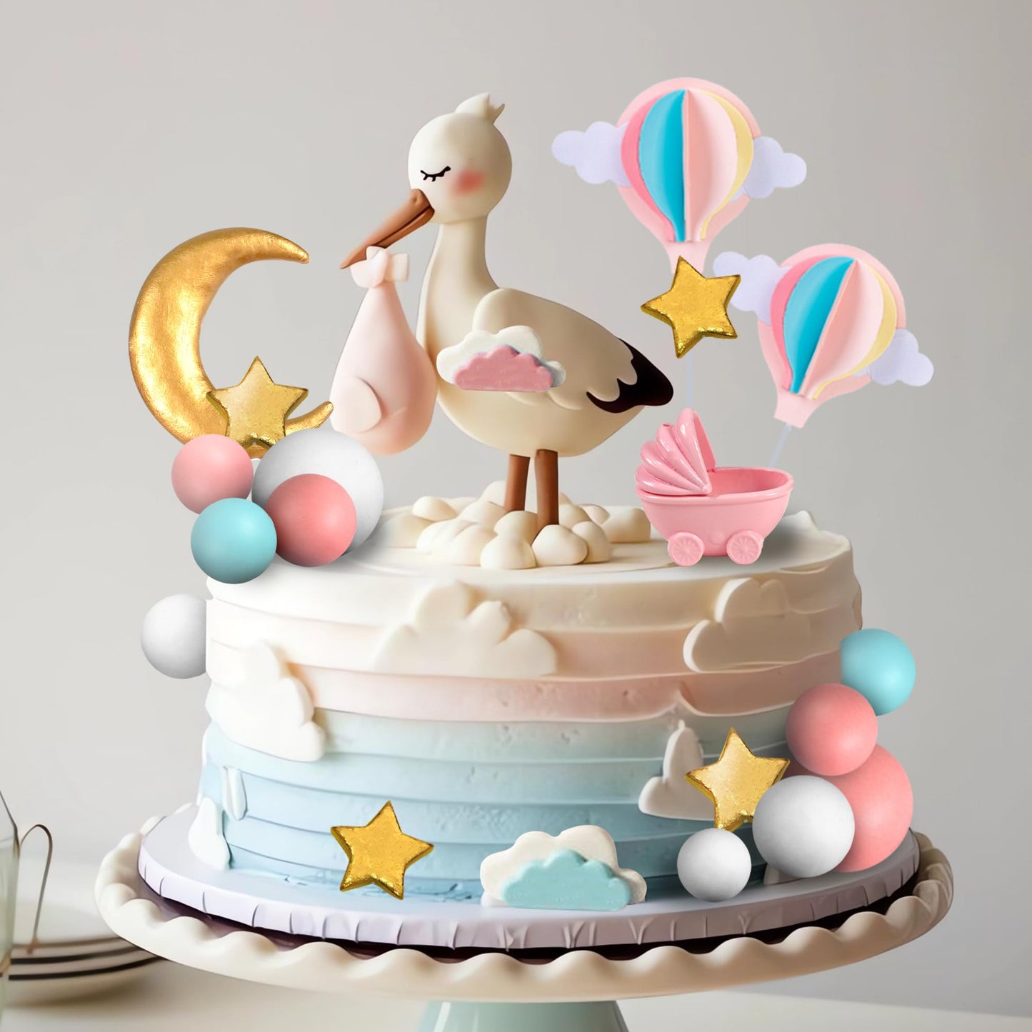 Gender Reveal Cake Topper Storks Cake Decorations Cloud Star Moon Hot Air Balloon Pink Blue Balls for Birthday Gender Reveal