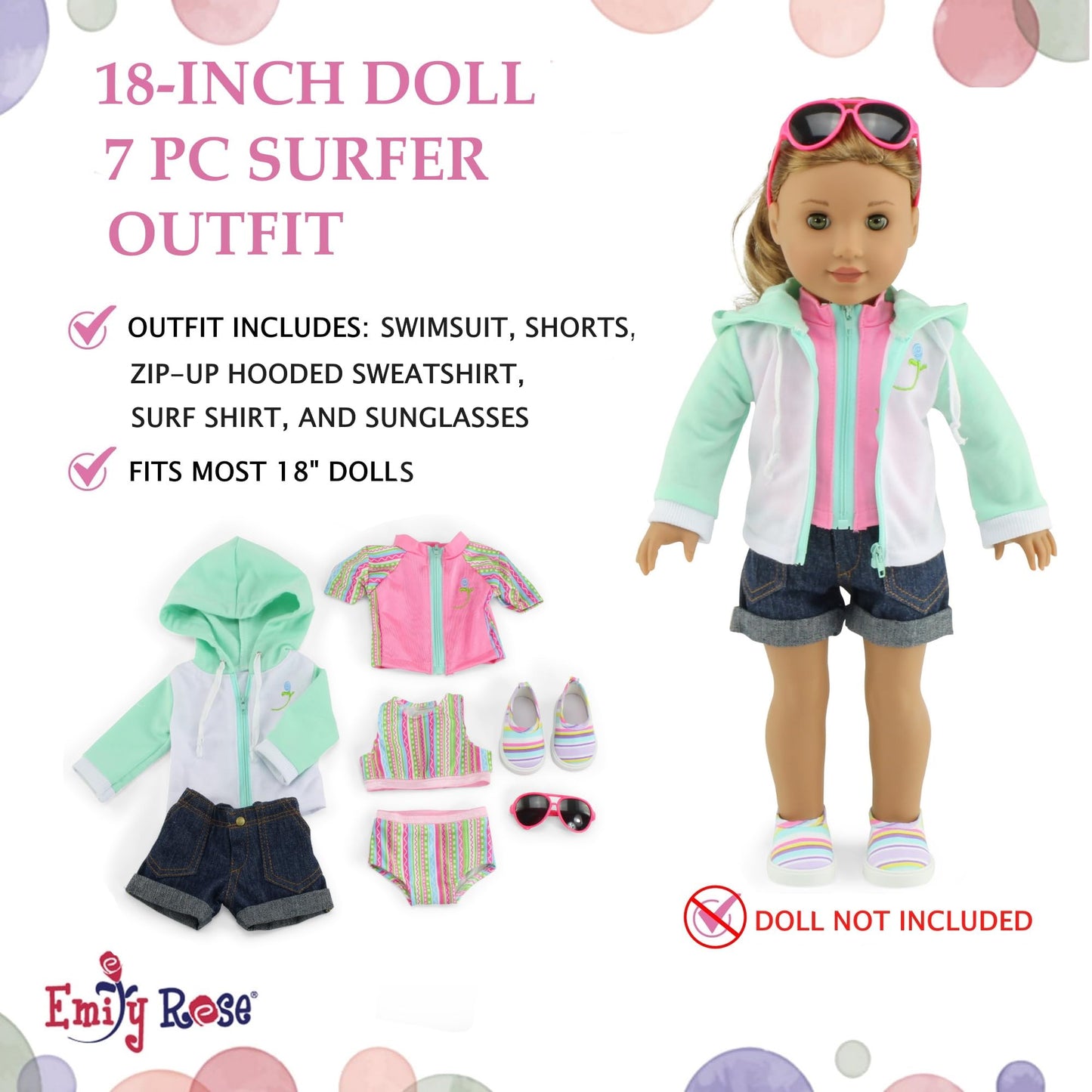 18 Inch Doll Swimsuit Set 7 Piece Beach Surfer Outfit - Emily Rose Rash Guard Denim Shorts Sunglasses Sandals - Doll NOT Included - Fits American Girl