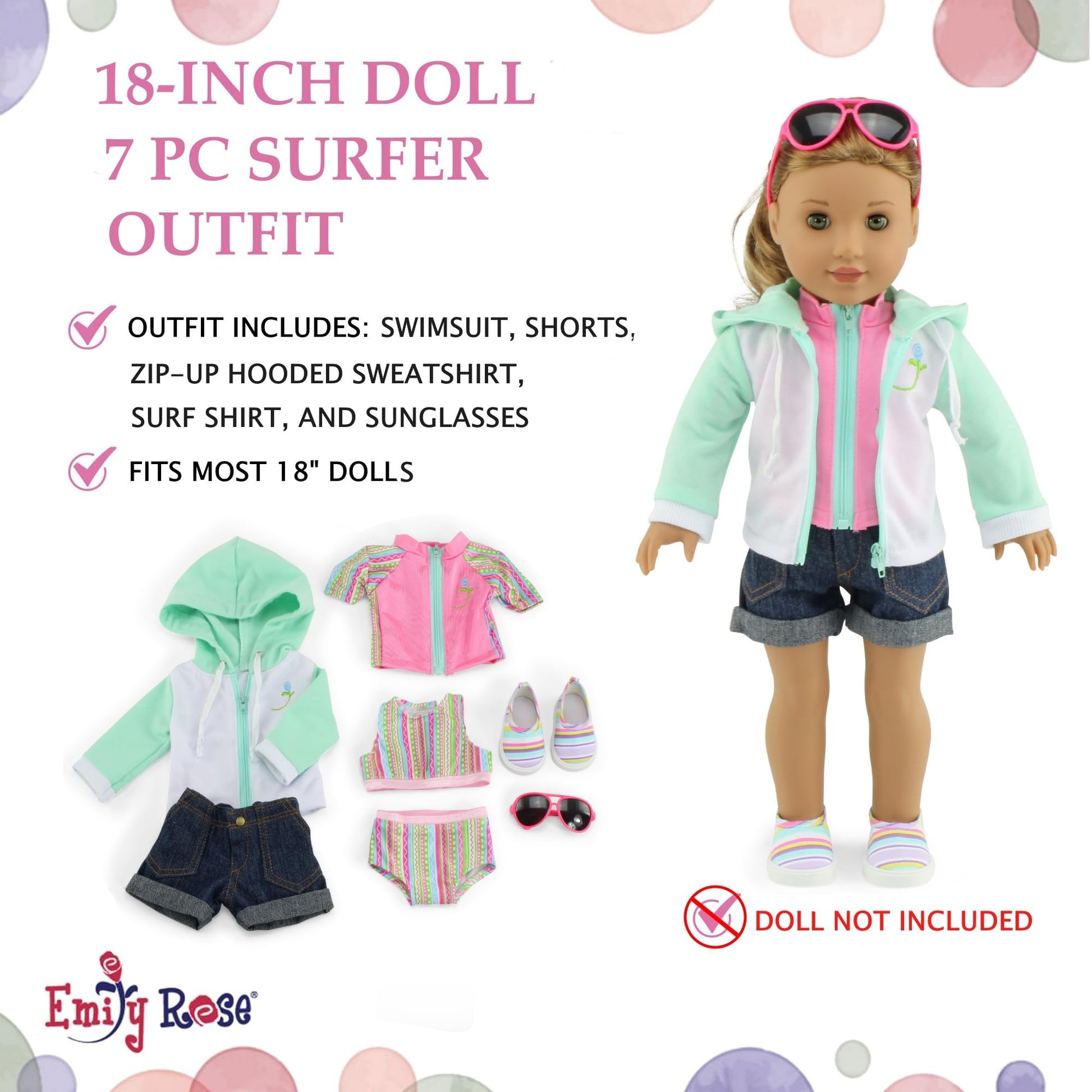 18 Inch Doll Swimsuit Set 7 Piece Beach Surfer Outfit - Emily Rose Rash Guard Denim Shorts Sunglasses Sandals - Doll NOT Included - Fits American Girl