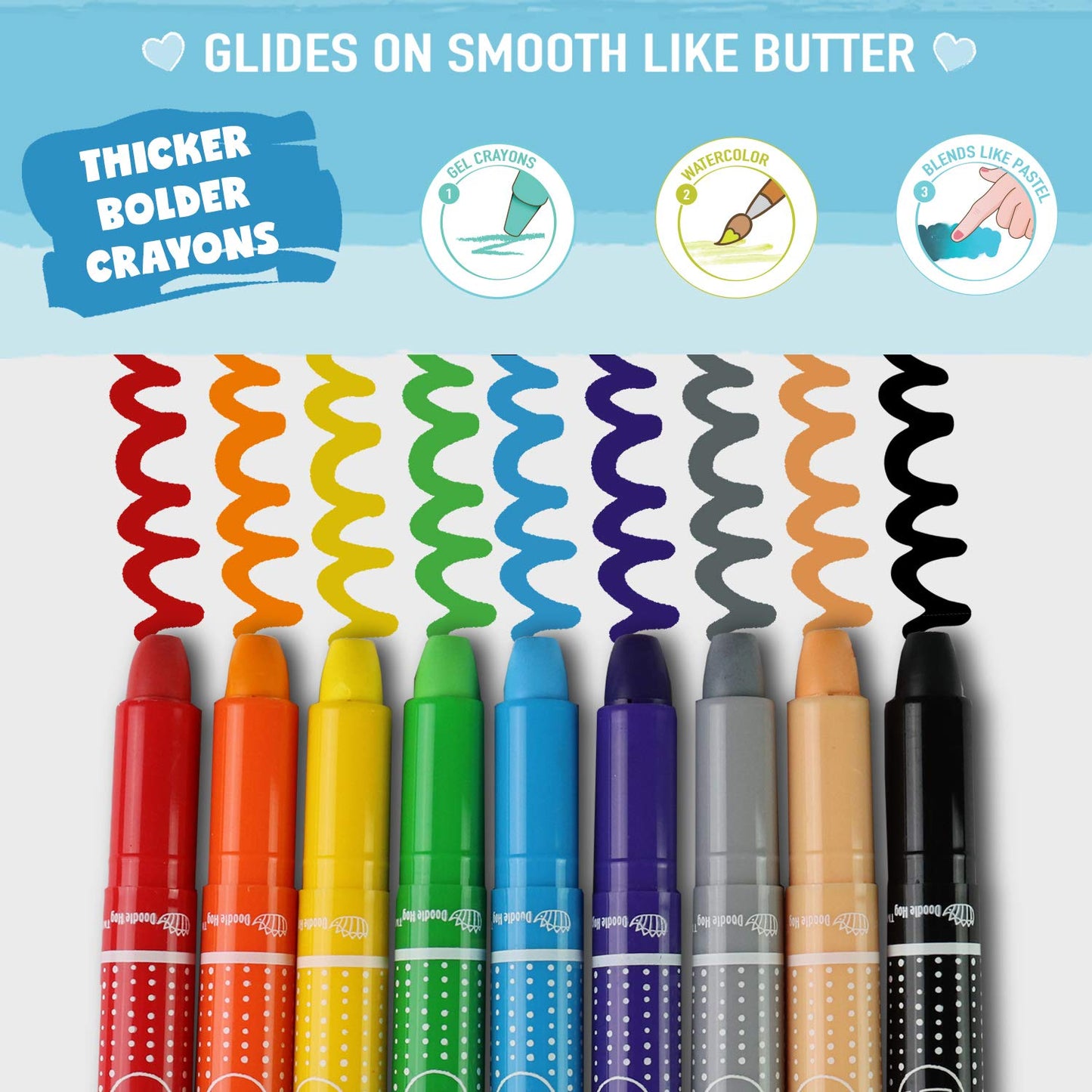 DOODLE HOG Washable Crayons 36 Colors, Kids and Toddler Crayons, Watercolor, Non Toxic, 3 in 1, for Kids Ages 4-8