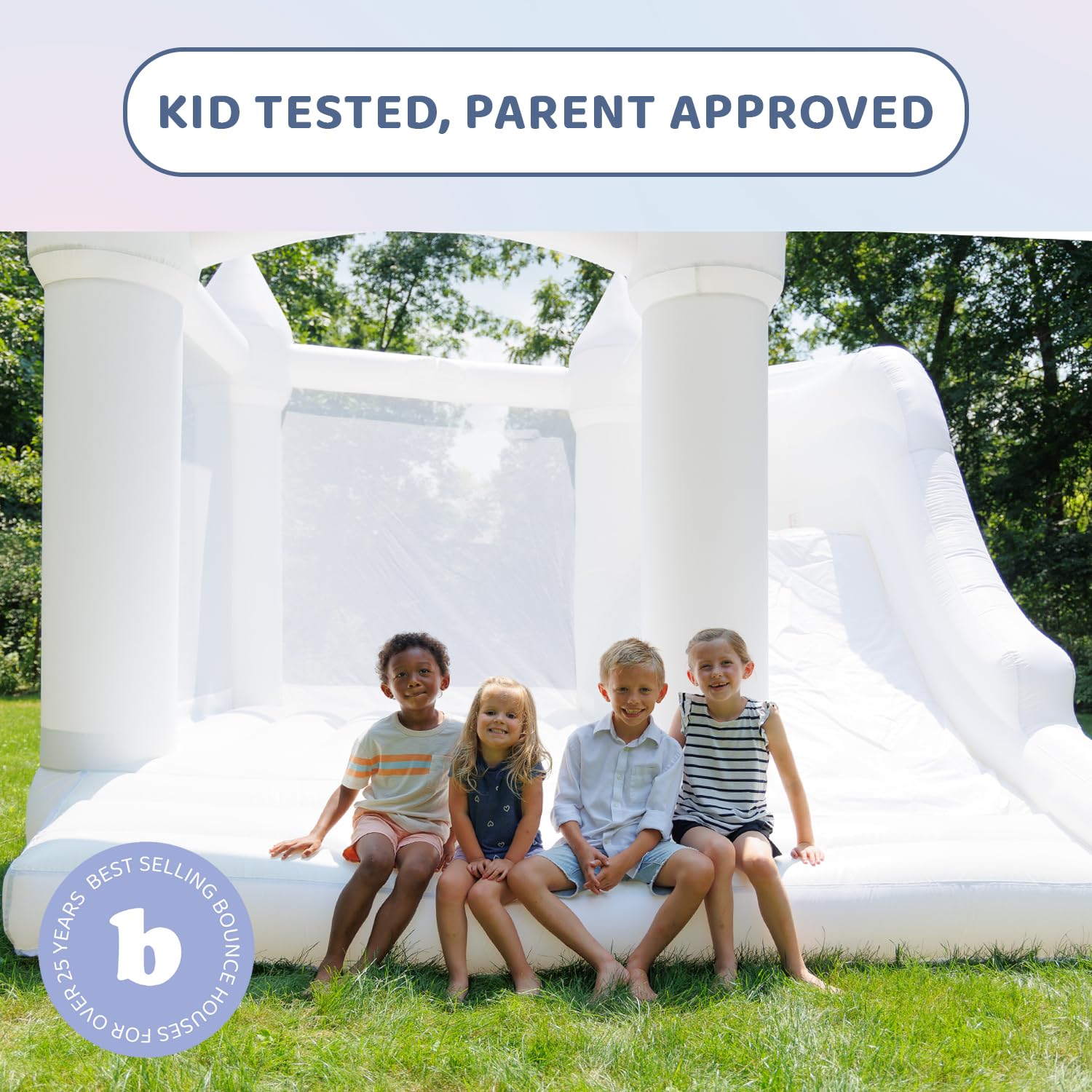 Bounceland Castle Palace Daydreamer Cloud Bounce House, 10.8 ft L x 9.8 ft W x 8.7 ft H, Basketball Hoop, UL Blower Included, Trendy Neutral Color